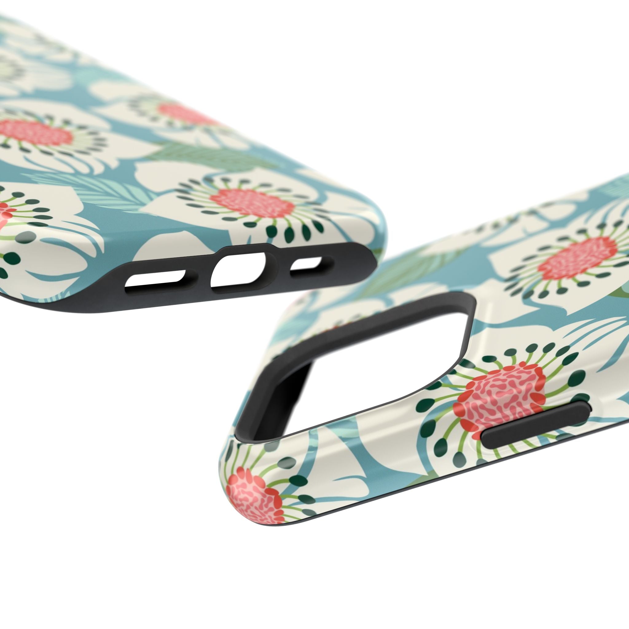 Panache Floral MagSafe iPhone 16 Pro Max Case – Glossy angled view closeup of camera cutout and buttons | sky blue, pale cream, pink anemone floral print