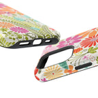 Luxury Terrain MagSafe iPhone 17 Case – detail of side button and camera and connector ports | white, magenta, coral botanical woodland floral print
