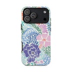 Tropica Tough iPhone 17 Pro Max Case – Matte | purple, coral, pink, blue botanical tropical floral print