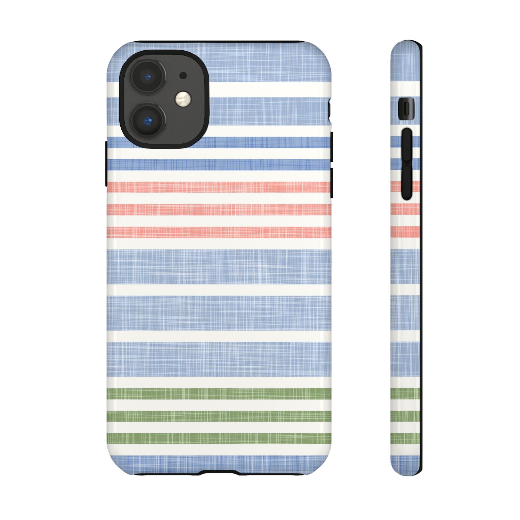 Cabana Stripe Pastel Tough iPhone 11 Case – Glossy | soft blue, coral, sage green chambray-textured stripe print dual-layer protection