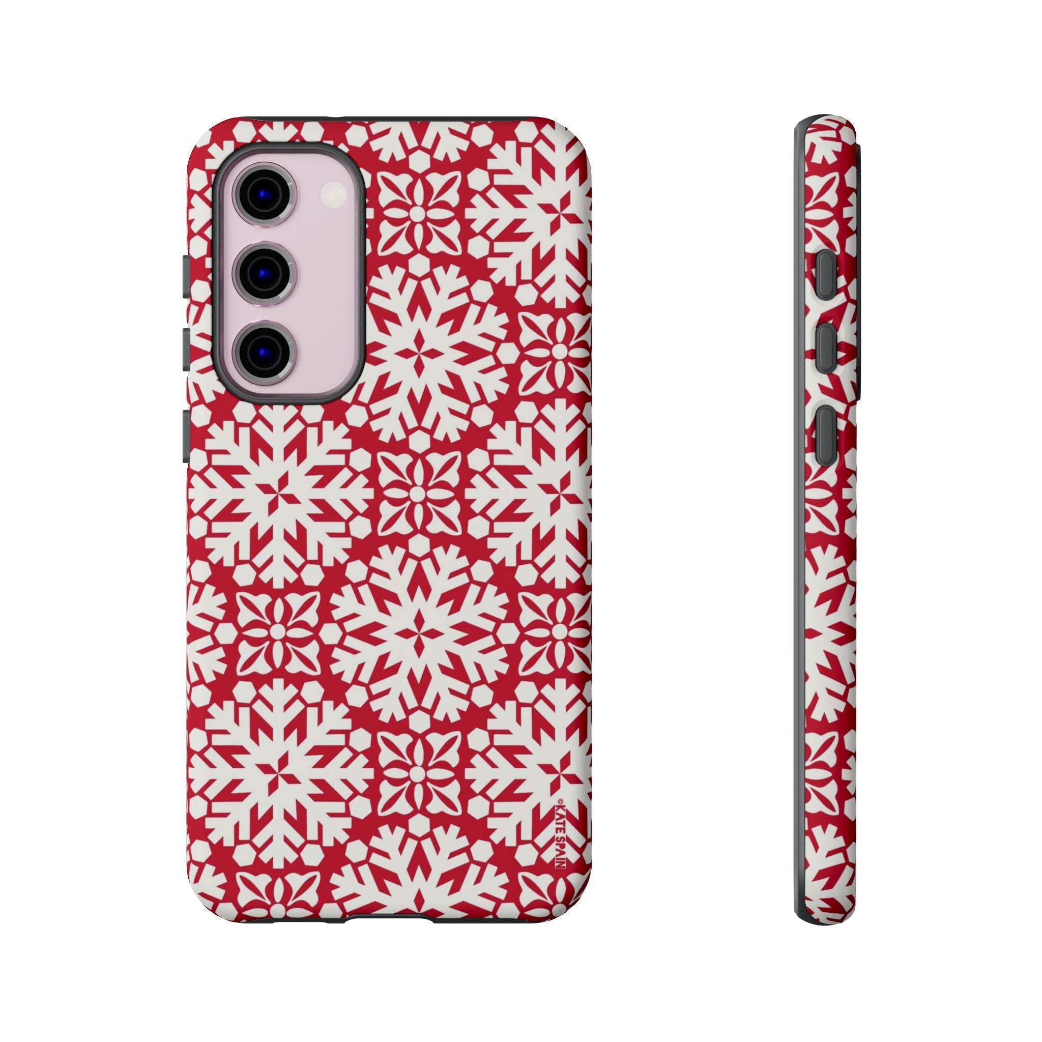 Flurry Samsung Galaxy S23 Plus Case – Matte | white, red geometric snowflake tile print