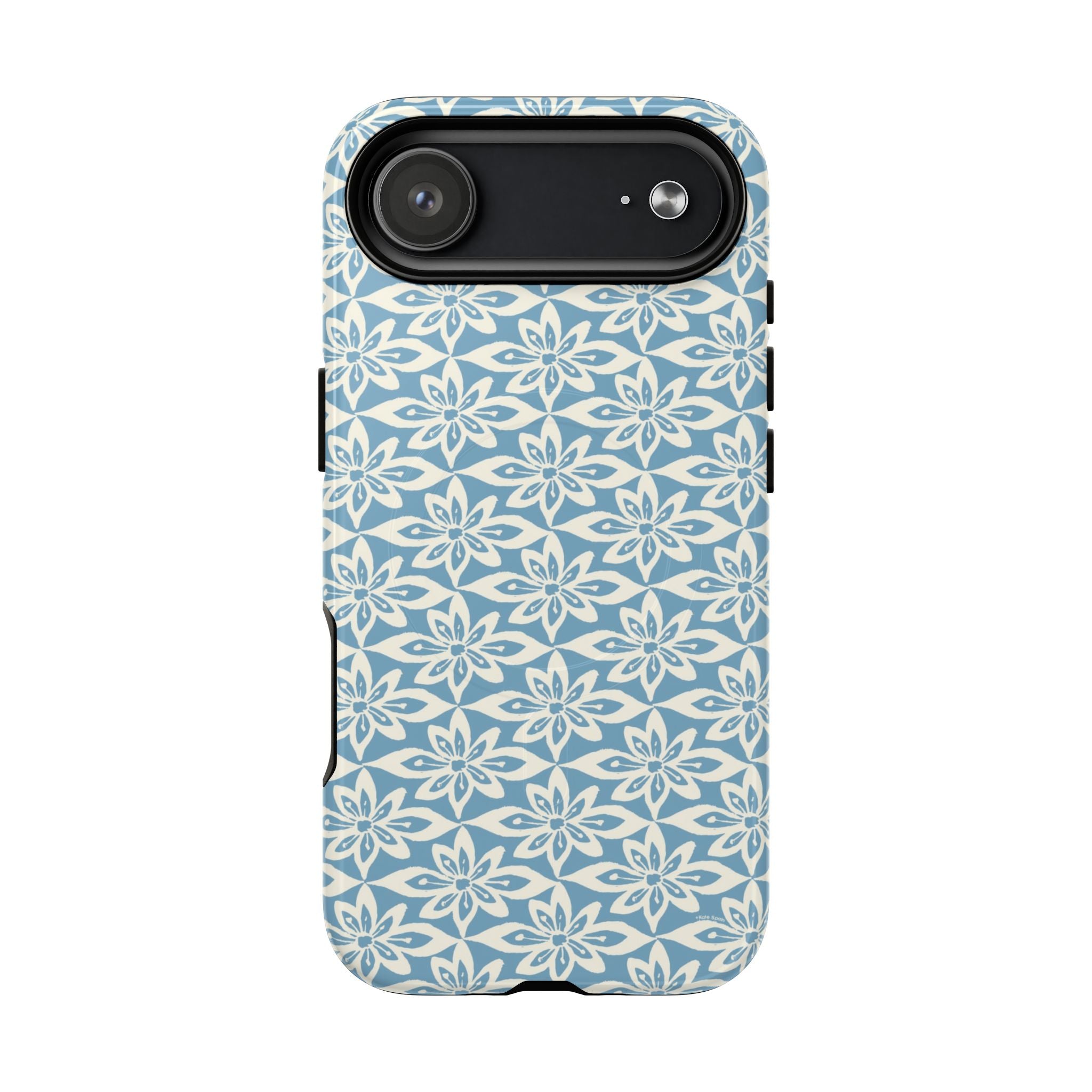 Lily Blue MagSafe iPhone 17 Air Glossy case — geometric white lily print on dusty blue by Kate Spain