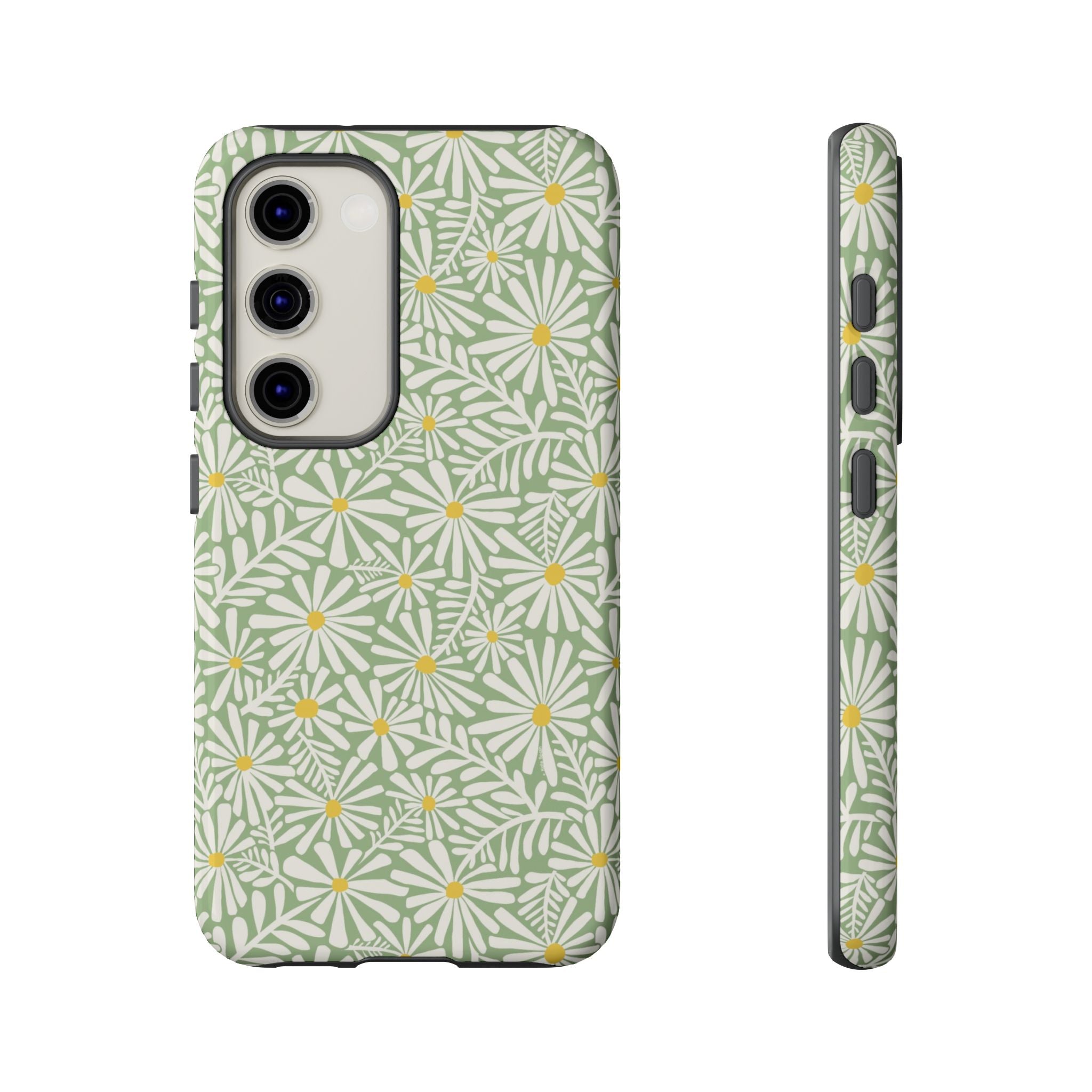 Montauk Daisy Meadow Green Samsung Galaxy S23 Glossy case — white daisy and fern print on sage green by Kate Spain