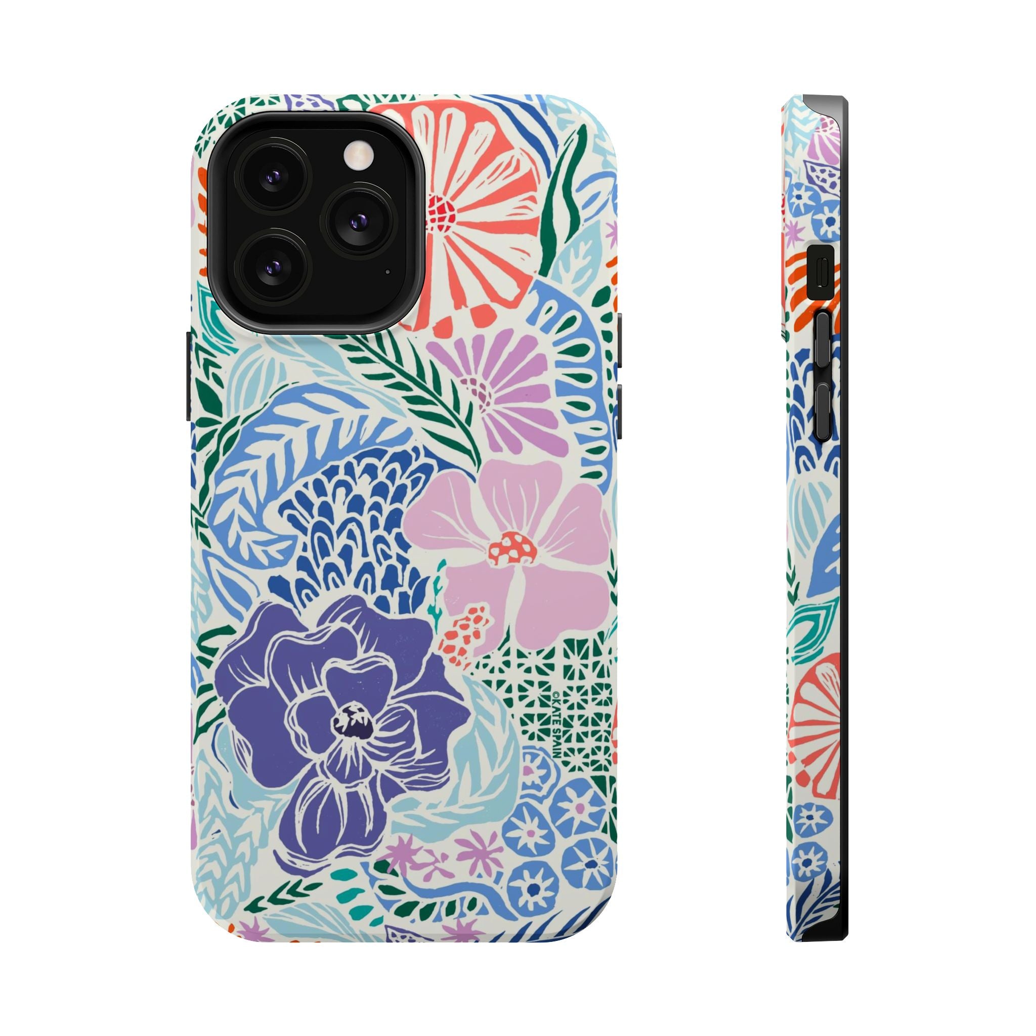 Tropica MagSafe iPhone 13 Pro Max Case – Glossy | purple, coral, pink, blue botanical tropical floral print MagSafe compatible, dual-layer protection