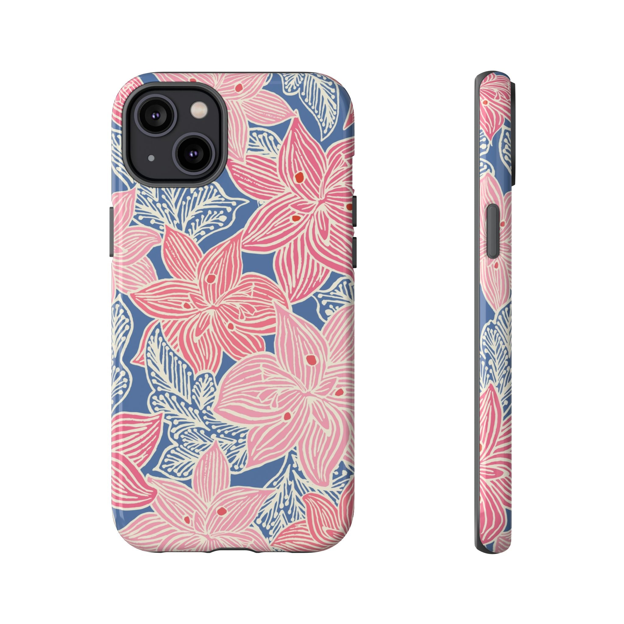 Hibiscus Lagoon Tough iPhone 14 Plus Case – Glossy | coral, blush, cream, dusty blue hibiscus botanical print