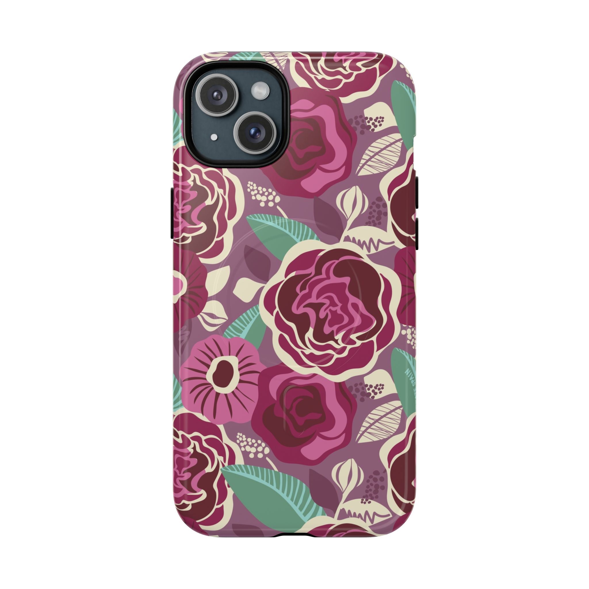 Luxury Tea Rose Burgundy MagSafe iPhone 15 Plus Case – Glossy | burgundy, magenta, plum botanical rose floral print