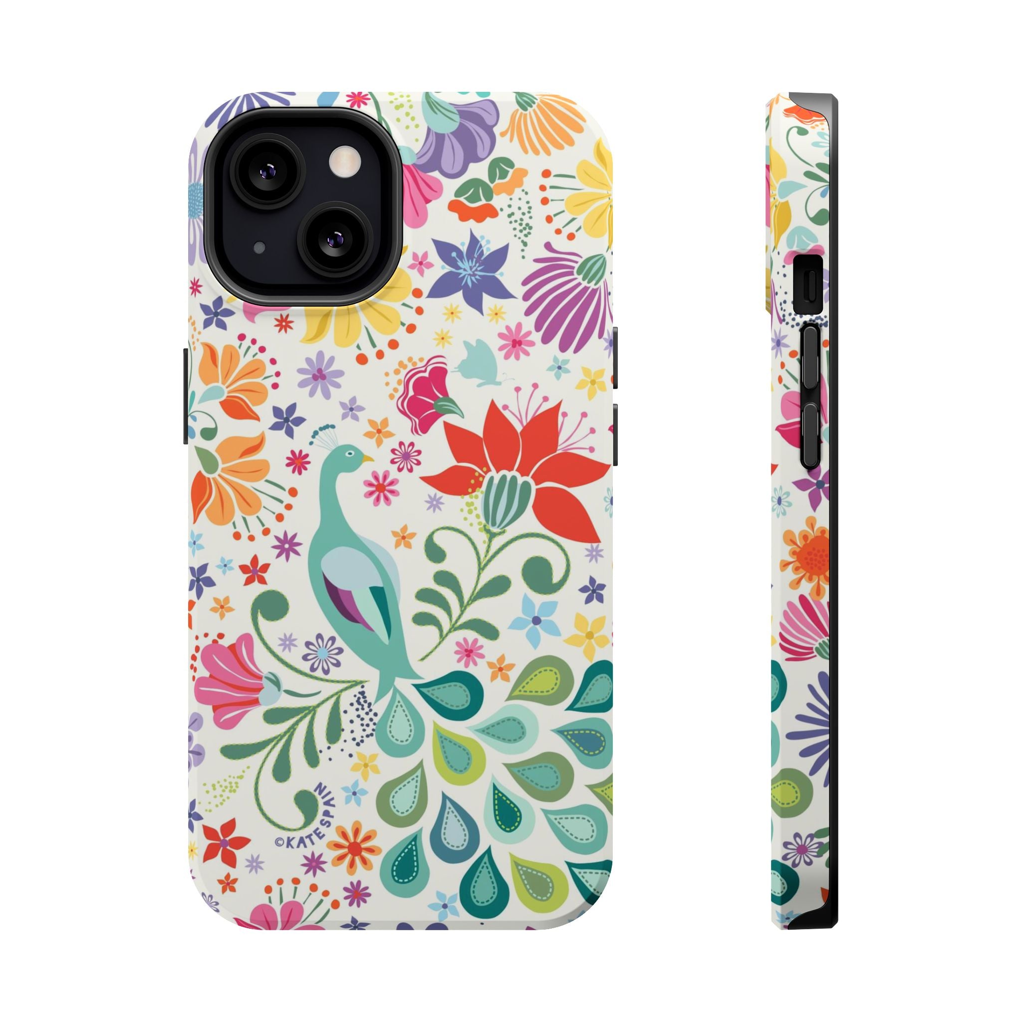 Peacock Sanctuary MagSafe iPhone 13 Case – Matte | ivory, teal, navy peacock botanical print MagSafe compatible, dual-layer protection