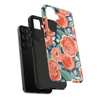 Luxury Tea Rose Navy Samsung Galaxy S25  – Glossy | Close-up of layer structure of cases in navy, coral, peach botanical rose floral print