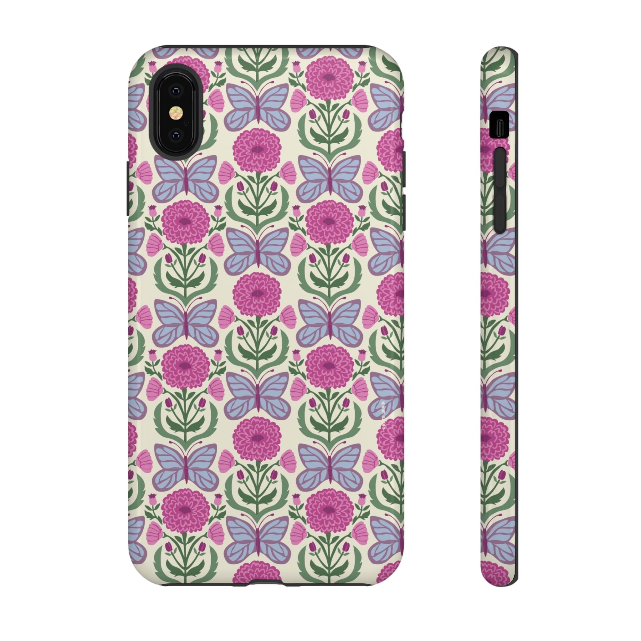 Butterfly Tough iPhone XS Max Case – Glossy | cream, magenta, periwinkle butterfly floral print