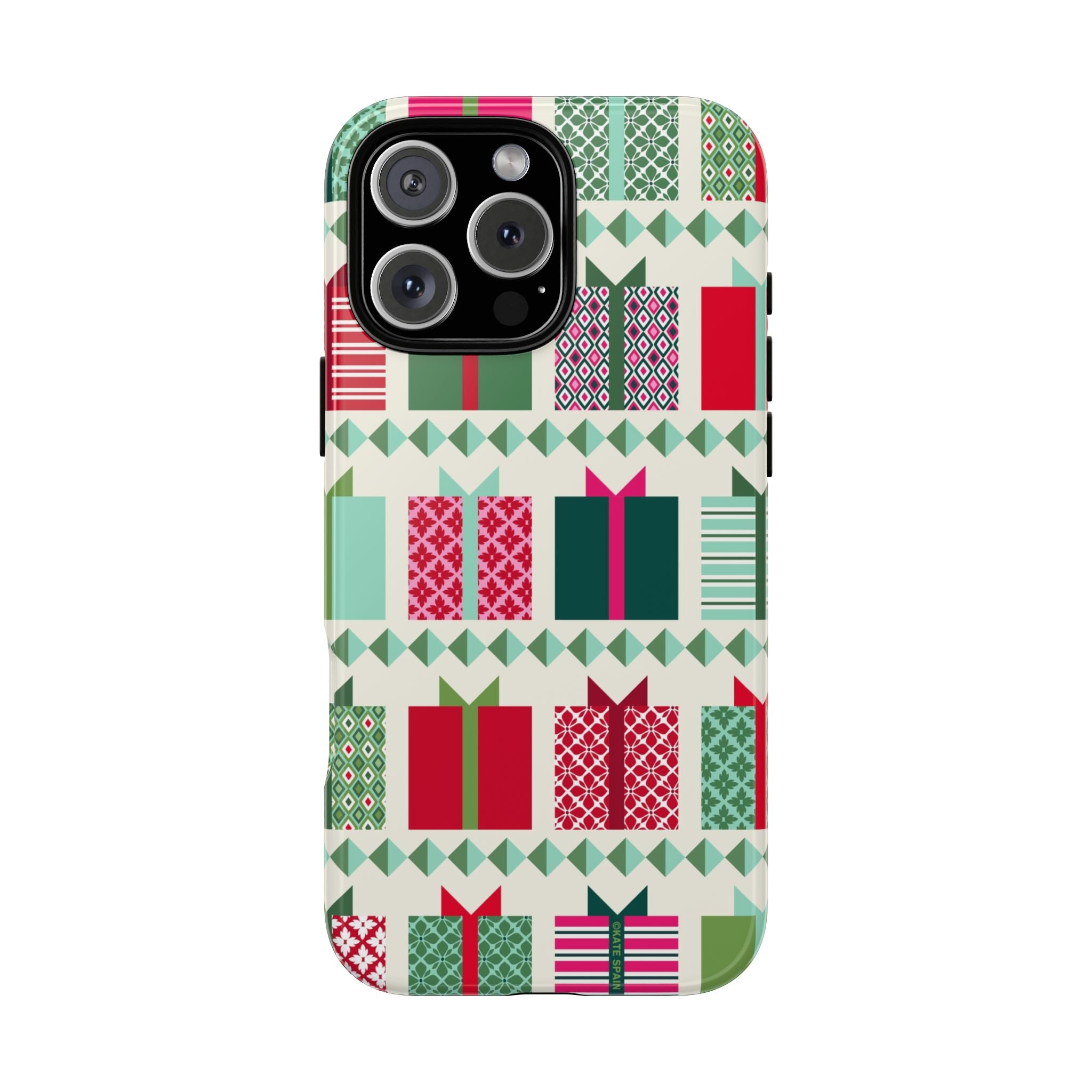 All Wrapped Up Tough iPhone 16 Pro Max Case – Glossy | cream, red, pink, green, mint geometric gift wrap holiday print
