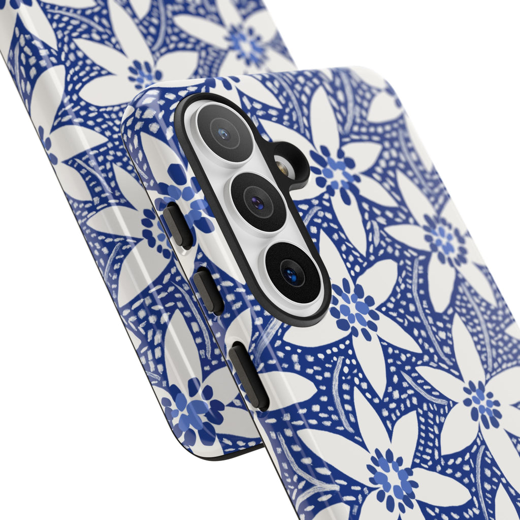 Starflower Samsung Galaxy S26 Plus Case – close-up of 3-lens camera cut out and buttons on side of case in navy and white geometric flower print