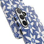 Starflower Samsung Galaxy S26 Plus Case – close-up of 3-lens camera cut out and buttons on side of case in navy and white geometric flower print