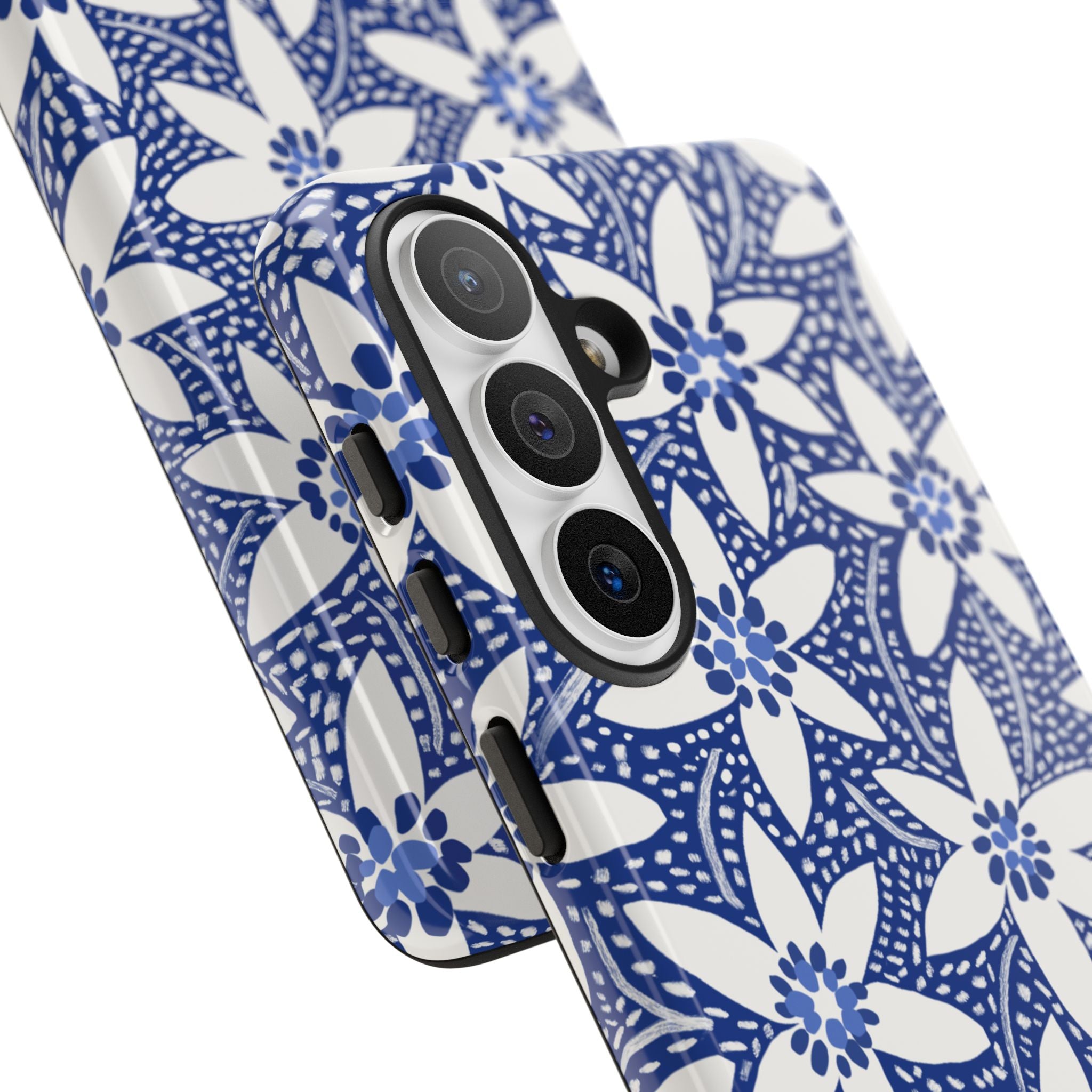 Starflower Samsung Galaxy S26 Plus Case – close-up of 3-lens camera cut out and buttons on side of case in navy and white geometric flower print
