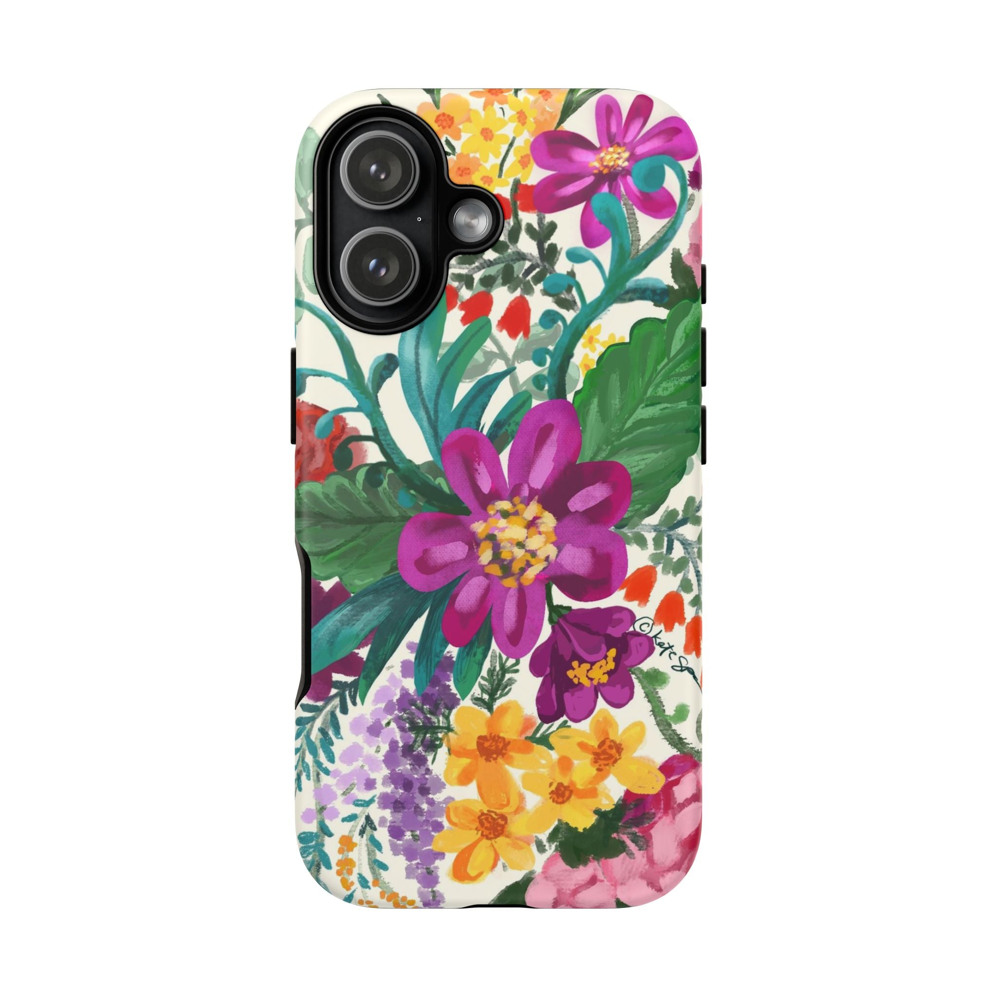Posy Tough iPhone 17 Case – Matte | cream, magenta, coral botanical floral print