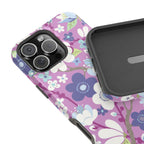 Luxury Cherry Blossom MagSafe iPhone Pro Max Case – detail of inside black shock-absorbing liner | mauve, purple, blue, white cherry blossom print