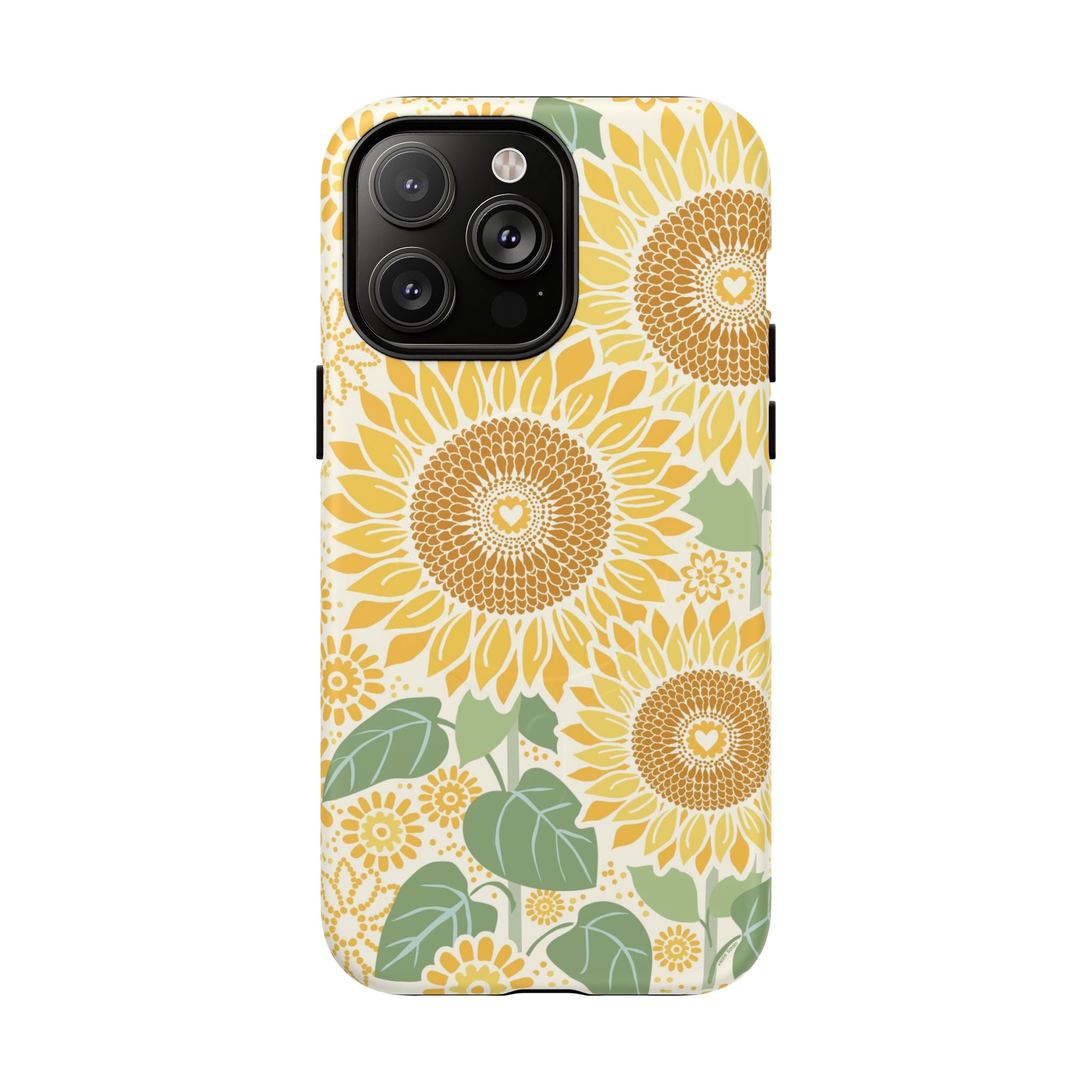 Sunny Sunflower MagSafe iPhone 14 Pro Max – Matte | cream ground, large-scale yellow sunflower print, golden seed detail with heart centers, dual-layer protection
