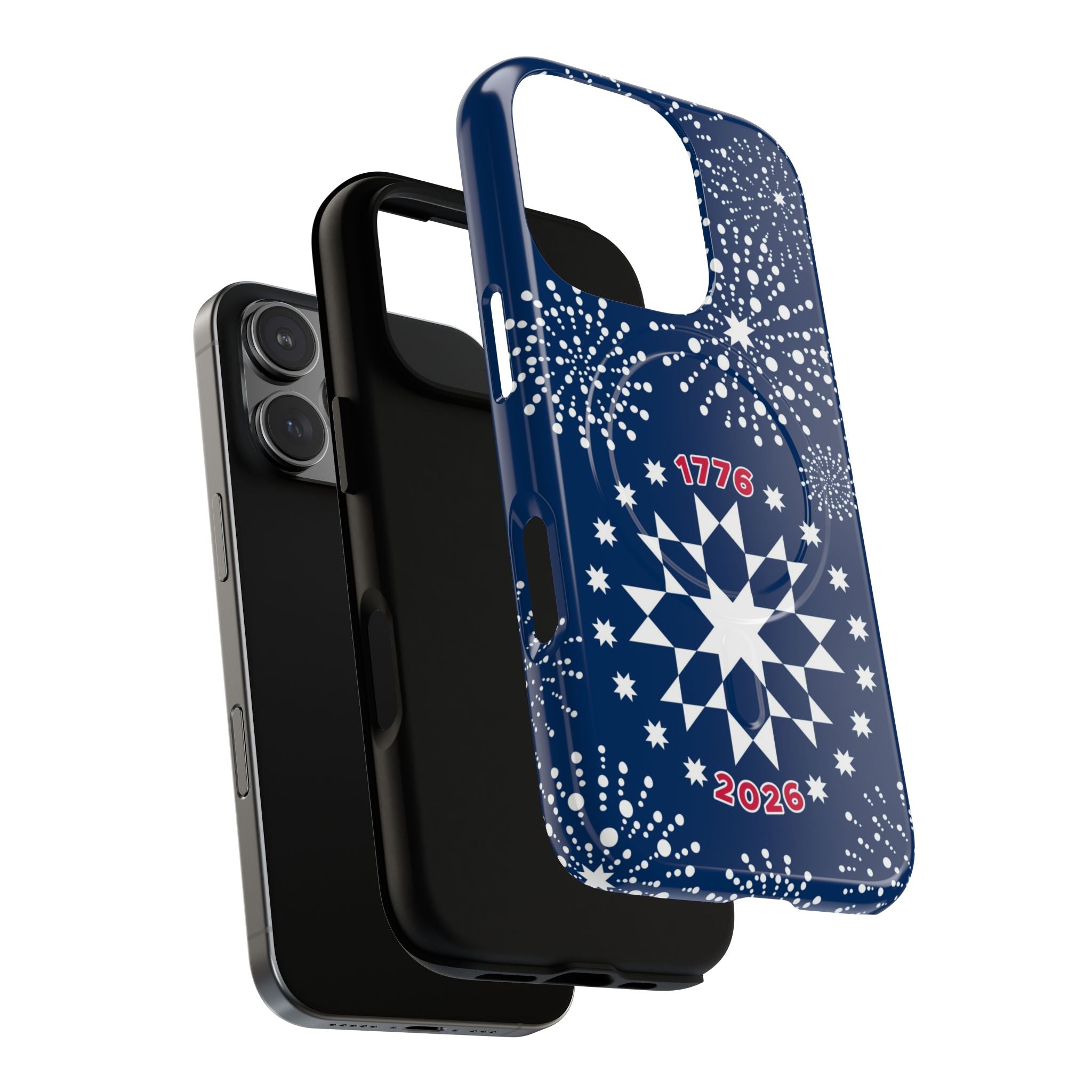 250th Fireworks MagSafe iPhone 16 Pro Case – blowout of dual-layered construction of this case in navy, white patriotic star quilt fireworks print