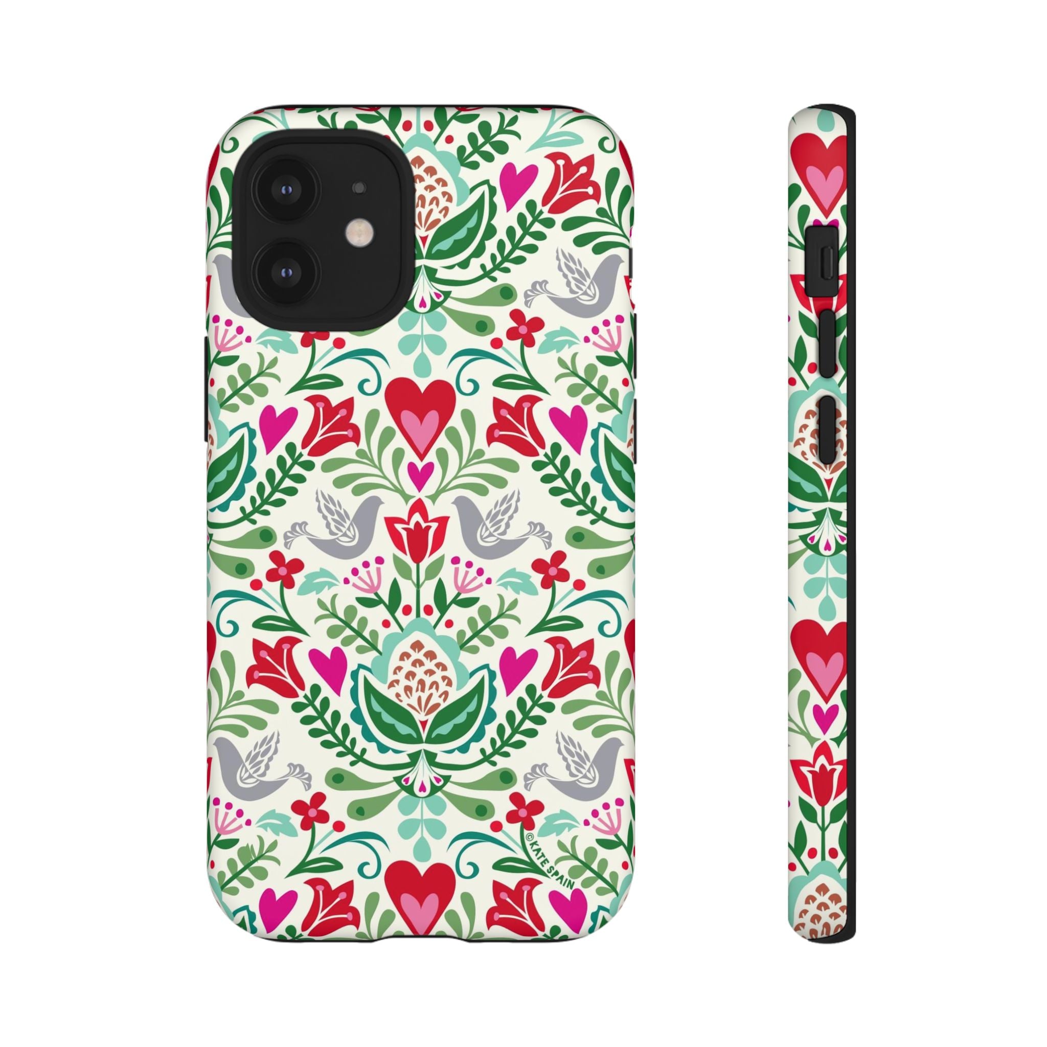 Rosemaling Tough iPhone 12 Mini Case – Matte | cream, red, pink, green, gray folk art floral bird print