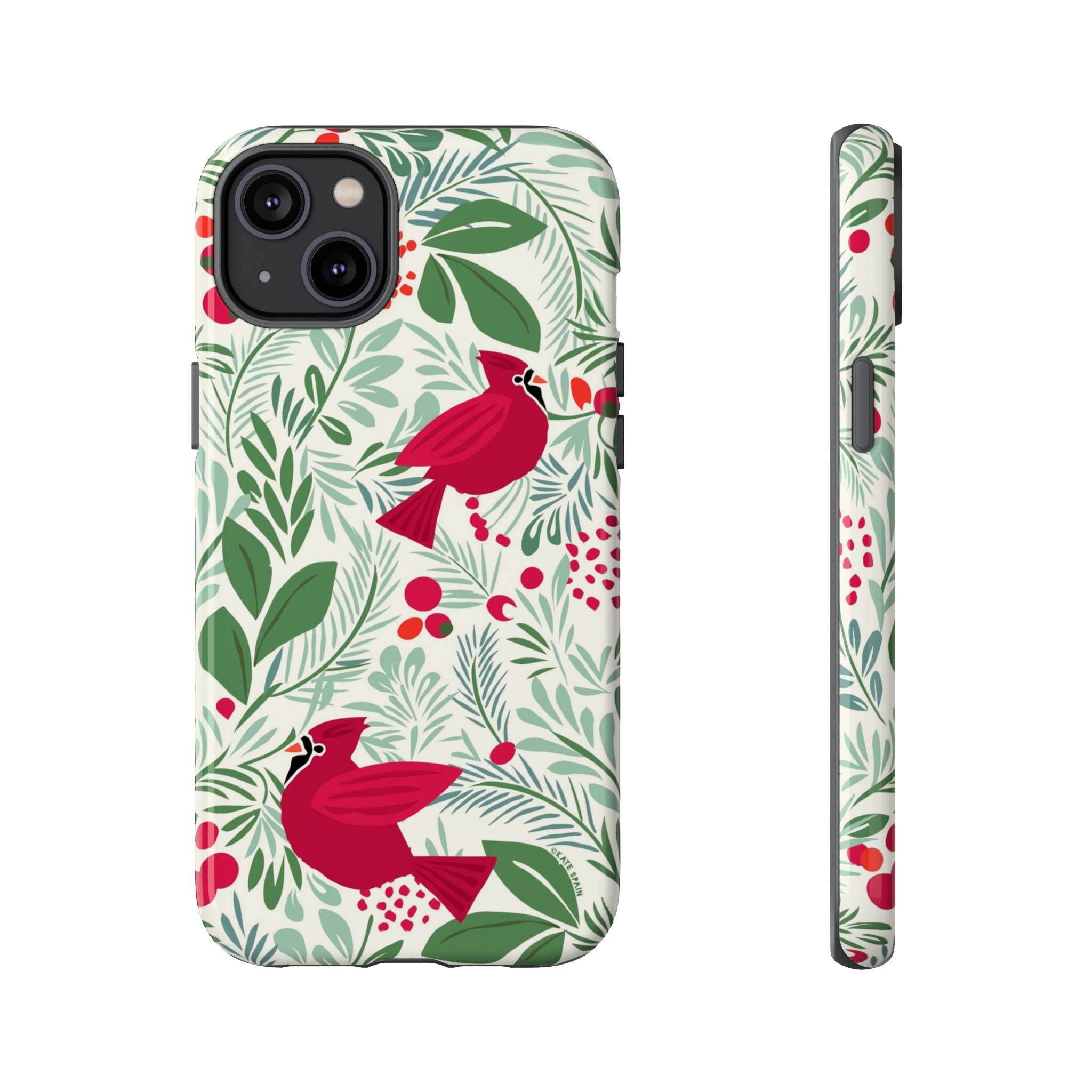 Birds and Berries Tough iPhone 14 Plus Case – Glossy | cream, red, green botanical cardinal berry print