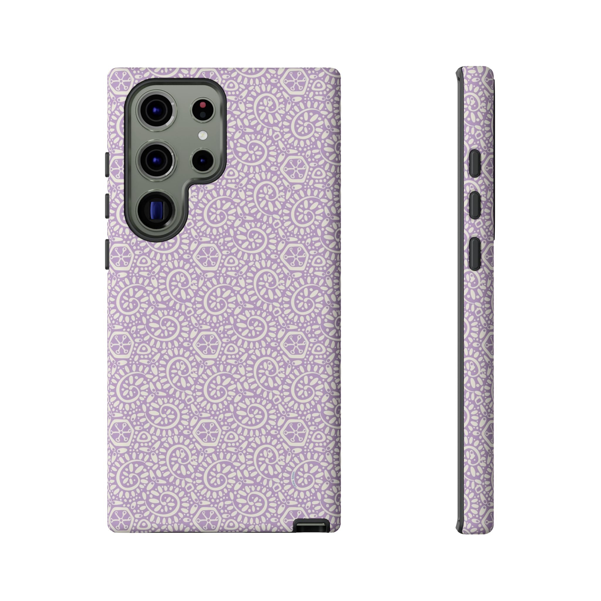 Canto Swirls Lavender Samsung Galaxy S23 Ultra Matte Case — lavender hard case covered in an intricate folk-art medallion pattern of radiating circular motifs, dot clusters, and geometric centers