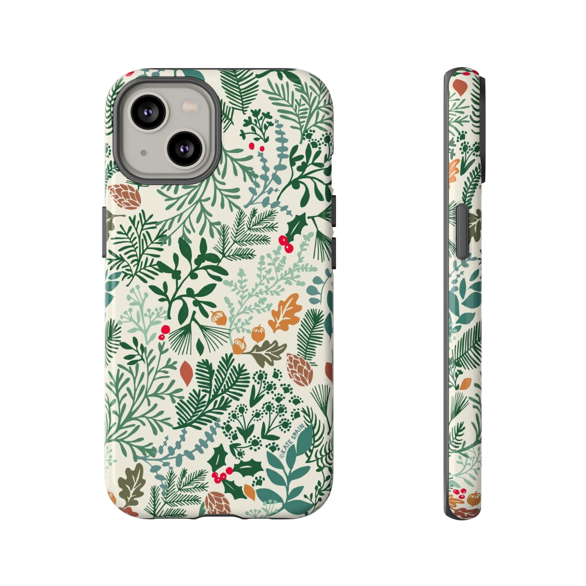 Juniper Tough iPhone 14 Case – Glossy | cream, green, red botanical woodland print