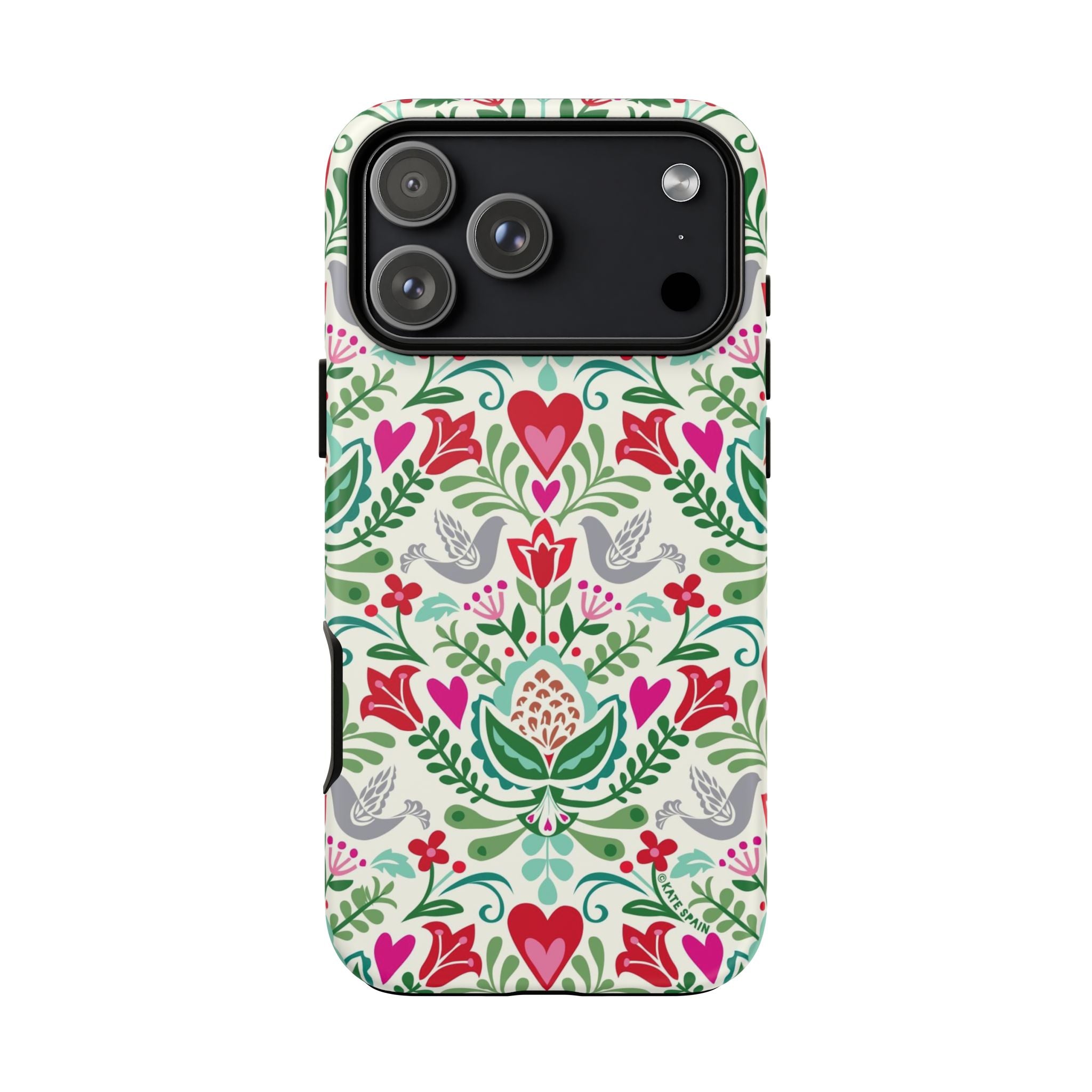 Rosemaling Tough iPhone 17 Pro Max Case – Matte | cream, red, pink, green, gray folk art floral bird print