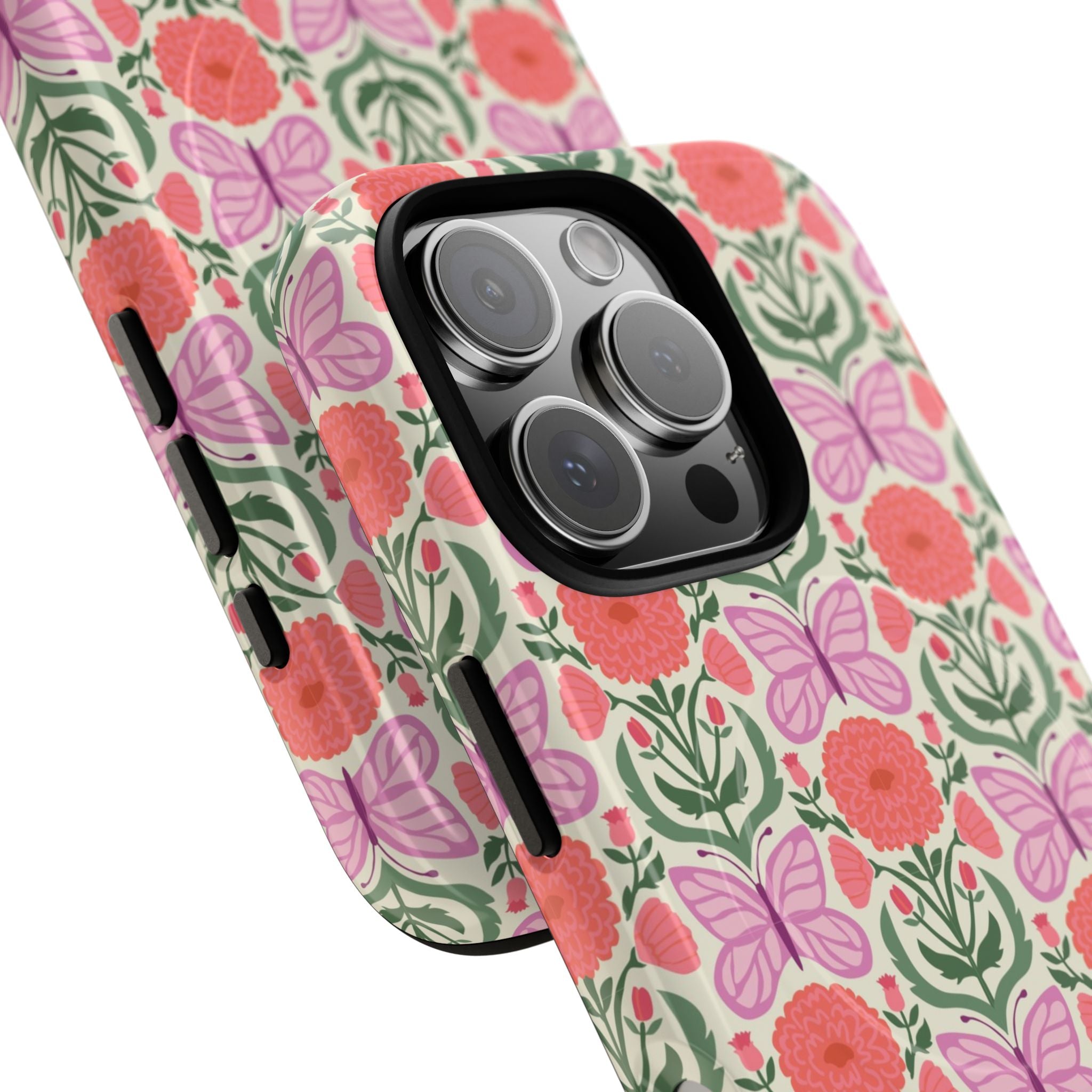 Pink Butterfly MagSafe iPhone 17 Case – Glossy | pink, coral, green, cream butterfly floral print | angled view closeup of camera cutout and buttons
