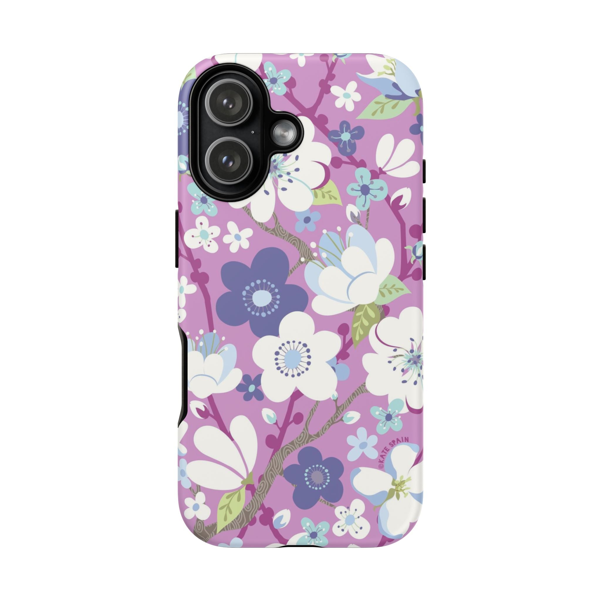 Luxury Cherry Blossom Tough iPhone 17 Case – Glossy | mauve, purple, blue, white cherry blossom print