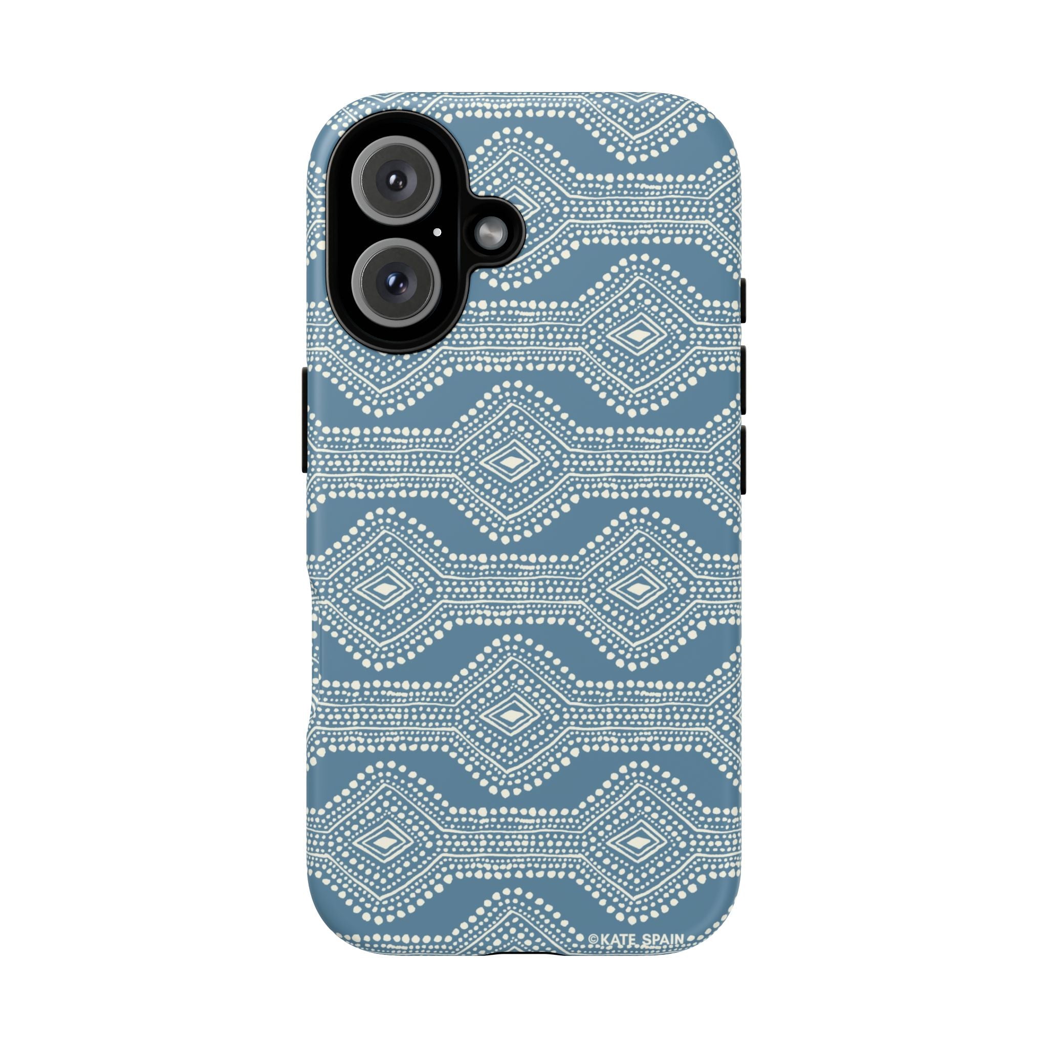 Diamond Dots Tough iPhone 16 Case – Matte | steel blue, white diamond dot geometric print