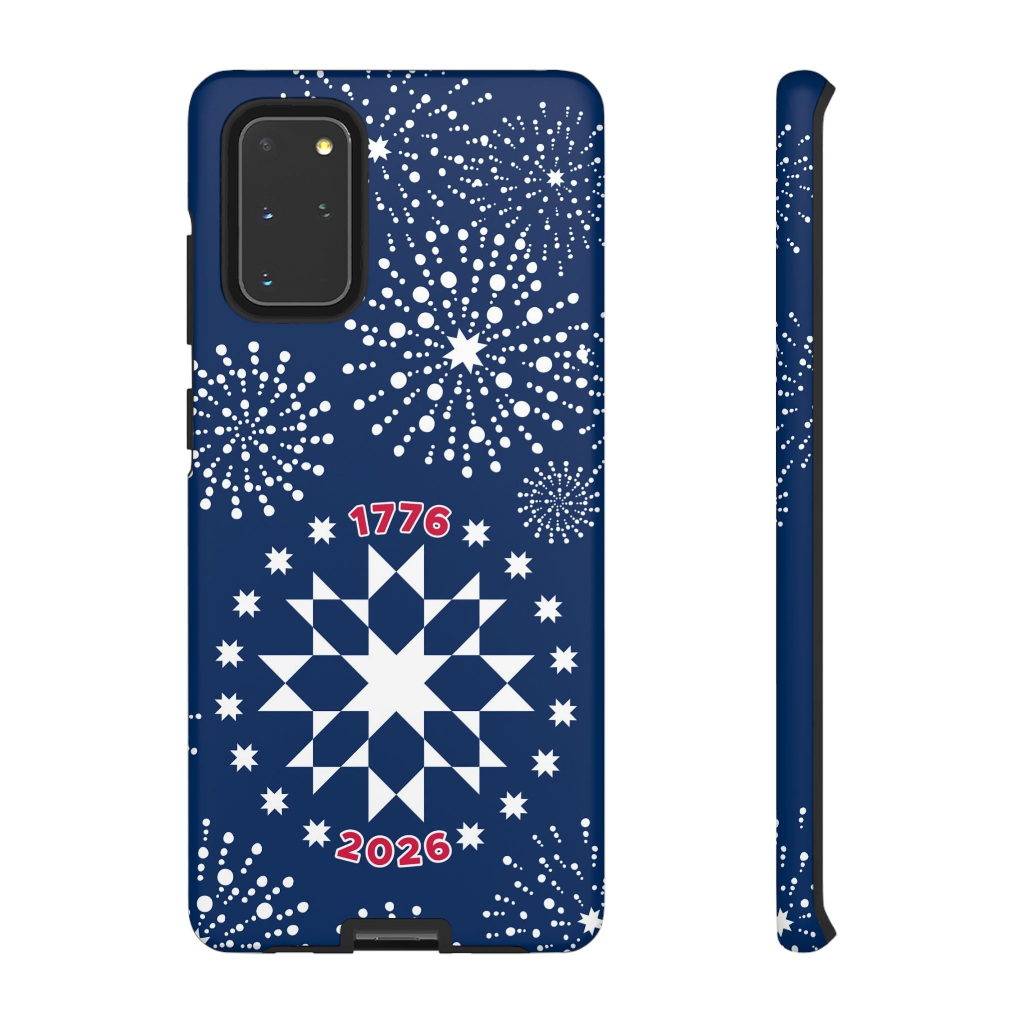 250th Fireworks Samsung Galaxy S20+ Case – Matte | navy, white patriotic star quilt fireworks print