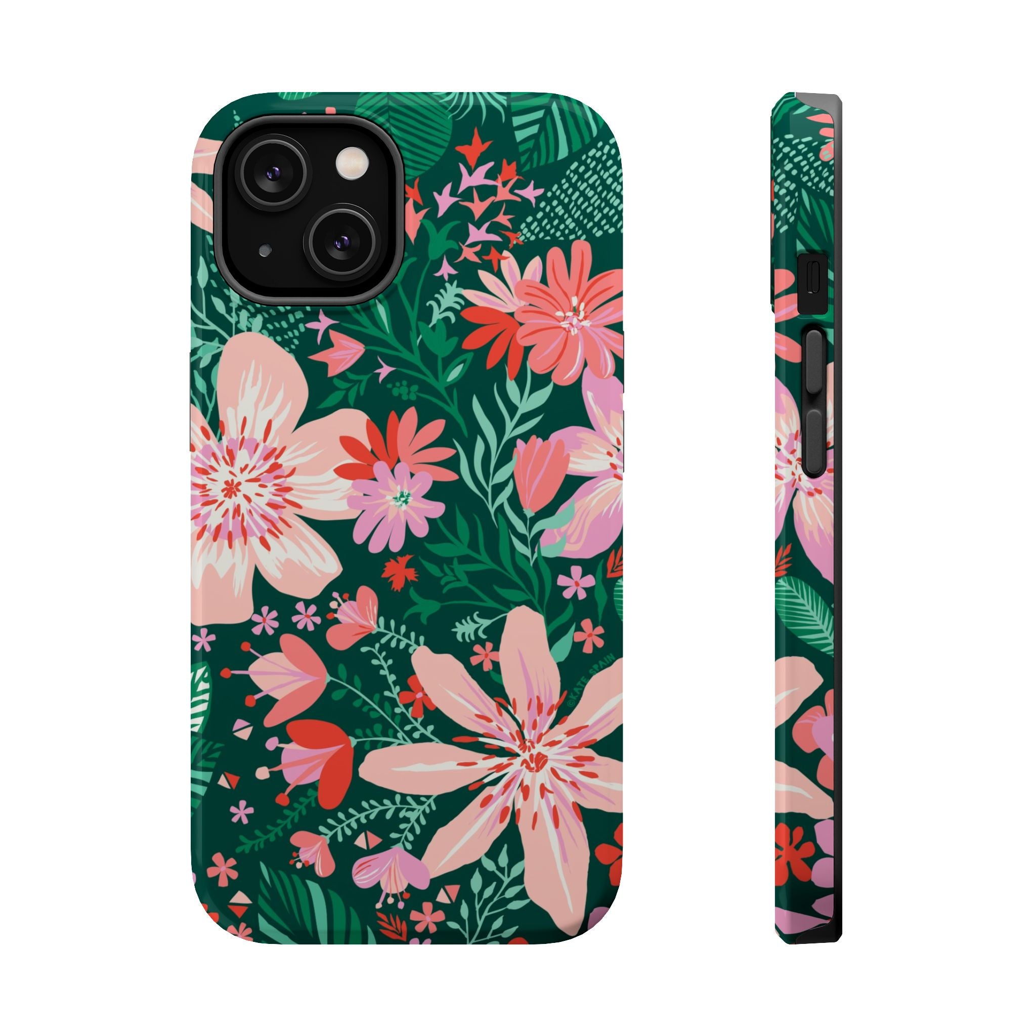 Bonaire MagSafe iPhone 14 Case – Glossy | forest green, blush, coral tropical floral print