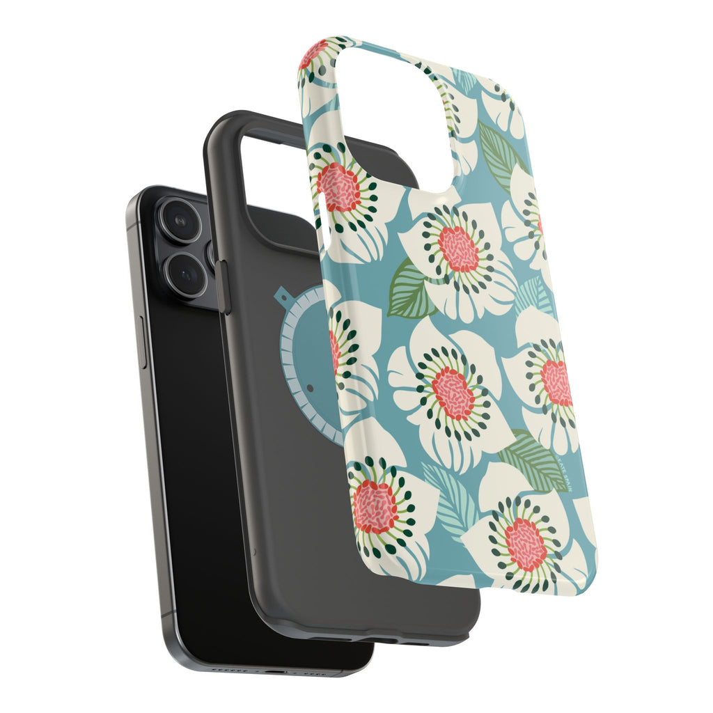 Panache Floral MagSafe iPhone 15 Pro Case – Glossy angled view closeup of camera cutout and buttons | sky blue, pale cream, pink anemone floral print