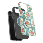Panache Floral MagSafe iPhone 15 Pro Case – Glossy angled view closeup of camera cutout and buttons | sky blue, pale cream, pink anemone floral print