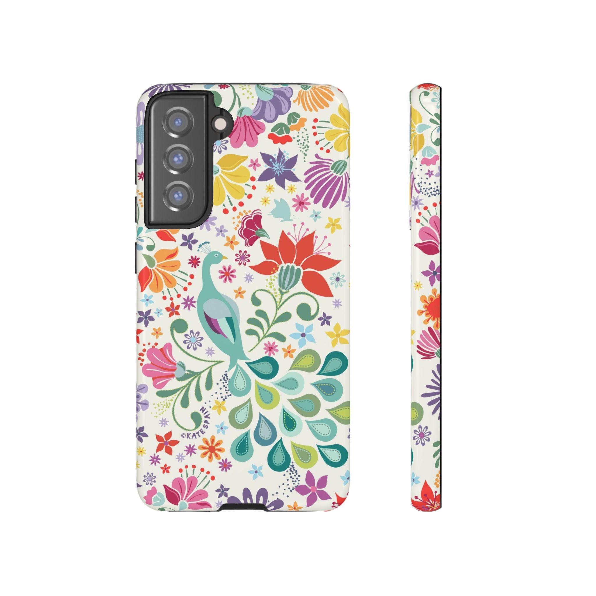 Luxury Peacock Sanctuary Samsung Galaxy S21 FE Case – Glossy | white, teal, coral multicolor vibrant peacock feather botanical print