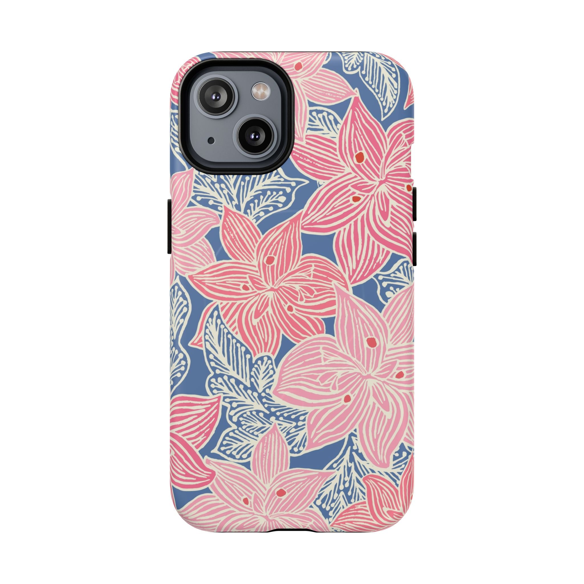 Hibiscus Lagoon MagSafe iPhone 14 Case – Glossy | coral, blush, cream, dusty blue hibiscus botanical print