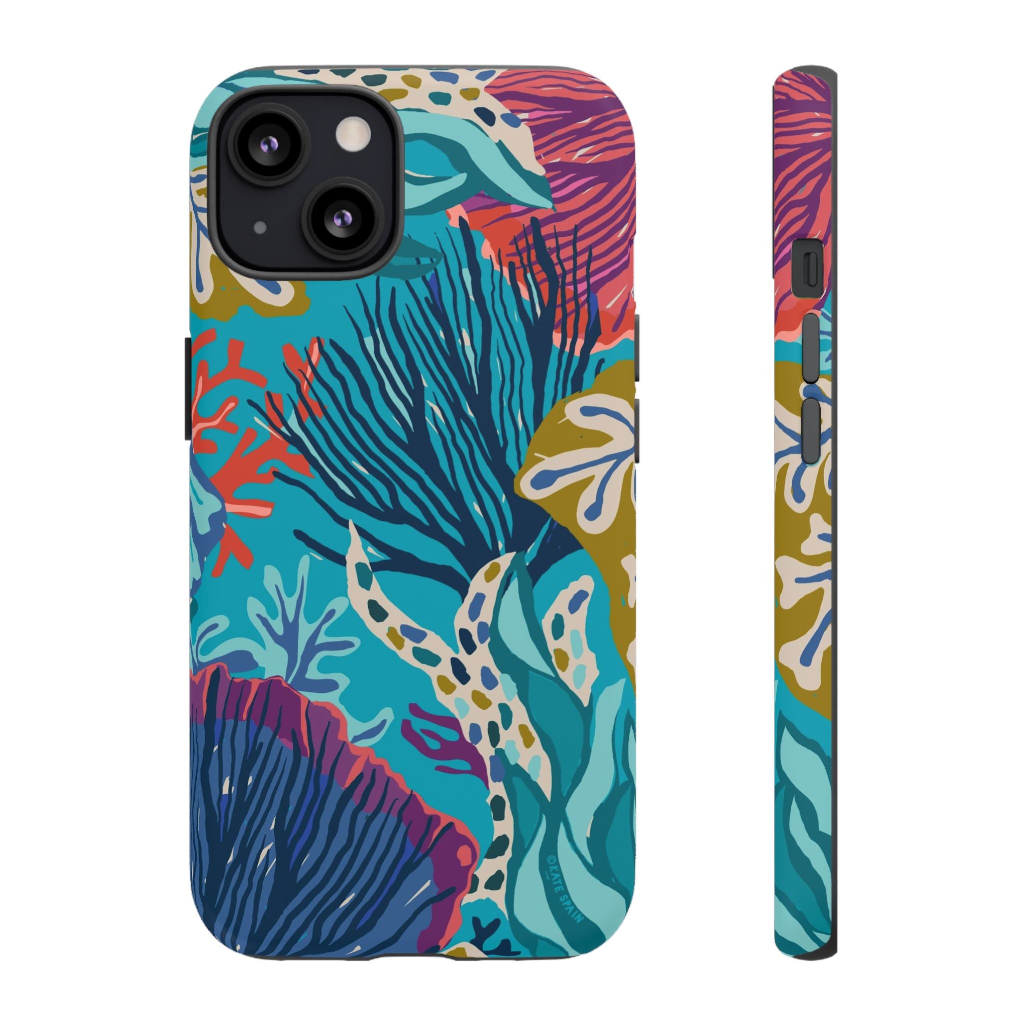 Reef Tough iPhone 13 Case – Glossy | teal, coral, navy, purple botanical coral reef print