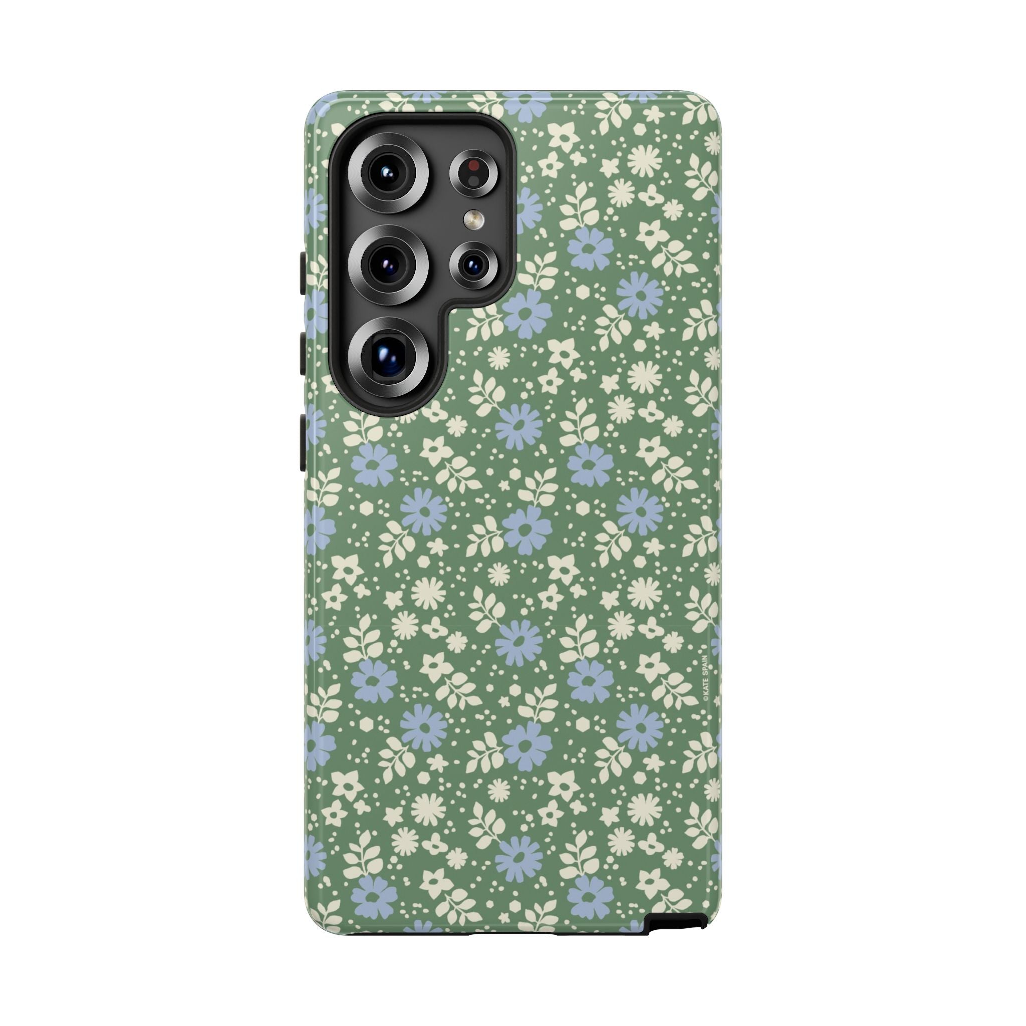 Cottage Core Cute Petaline Samsung Galaxy S25 Ultra Case – Matte | green background with white and blue ditsy florals