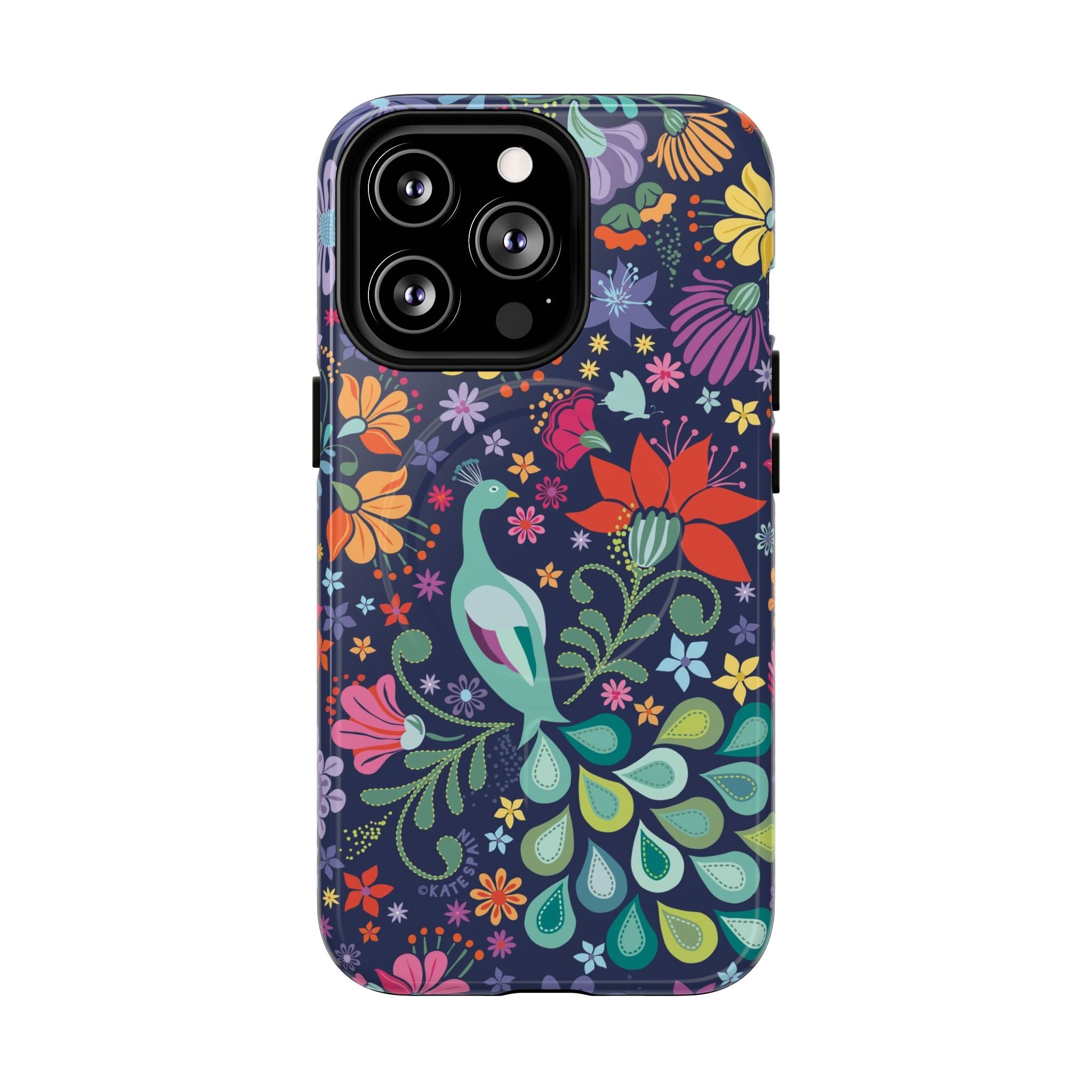 Peacock Sanctuary MagSafe iPhone 13 Pro Case – Glossy | navy, teal, coral multicolor vibrant peacock feather botanical print