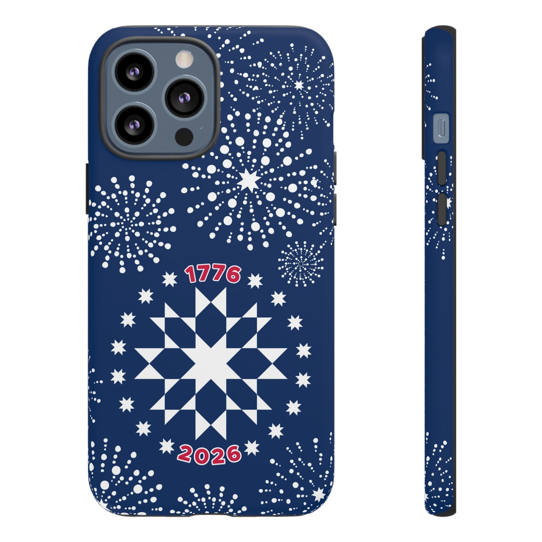 250th Fireworks Tough iPhone 13 Pro Max Case – Matte | navy, white patriotic star quilt fireworks print