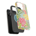 Tropica MagSafe iPhone  15 Pro Max Case – Glossy | dual-layered construction highlighting both the inner MagSafe layer and the outer hardshell case in cream, pink, yellow, blue botanical floral print MagSafe compatible, dual-layer protection