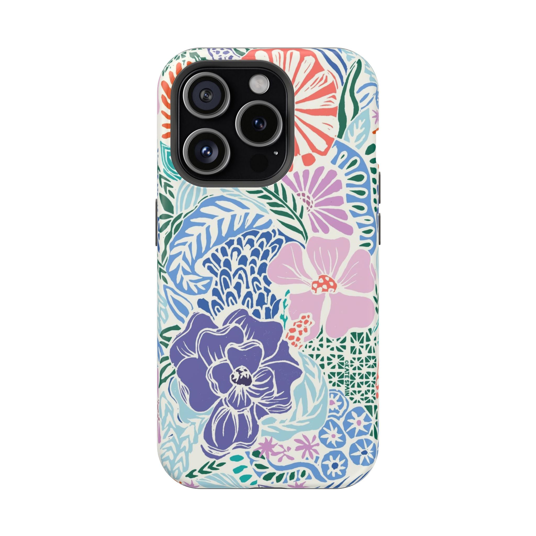 Tropica MagSafe iPhone 15 Pro Case – Matte | purple, coral, pink, blue botanical tropical floral print MagSafe compatible, dual-layer protection