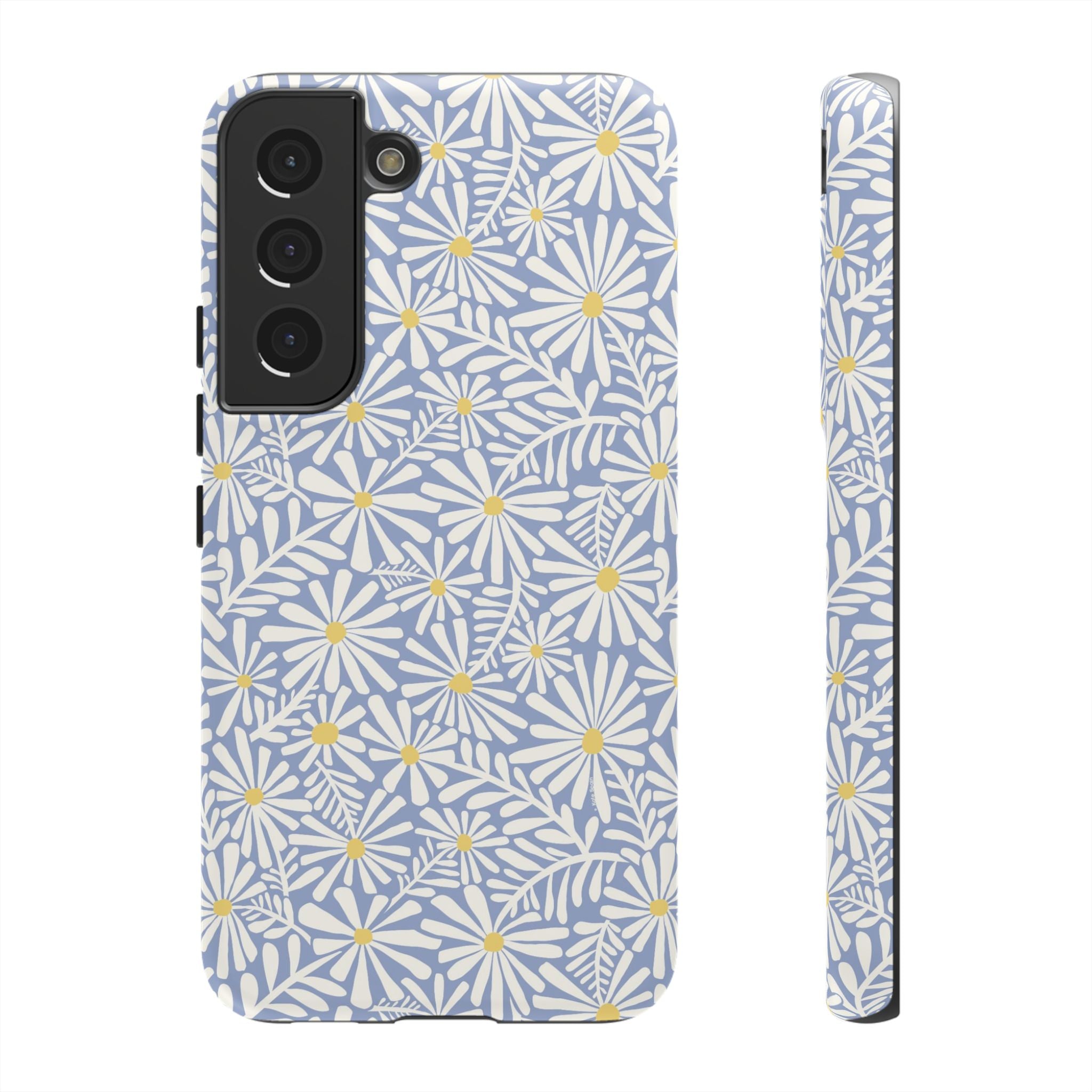 Montauk Daisy Cottage Blue Samsung Galaxy S22 Matte case — white daisy and fern print on periwinkle blue by Kate Spain