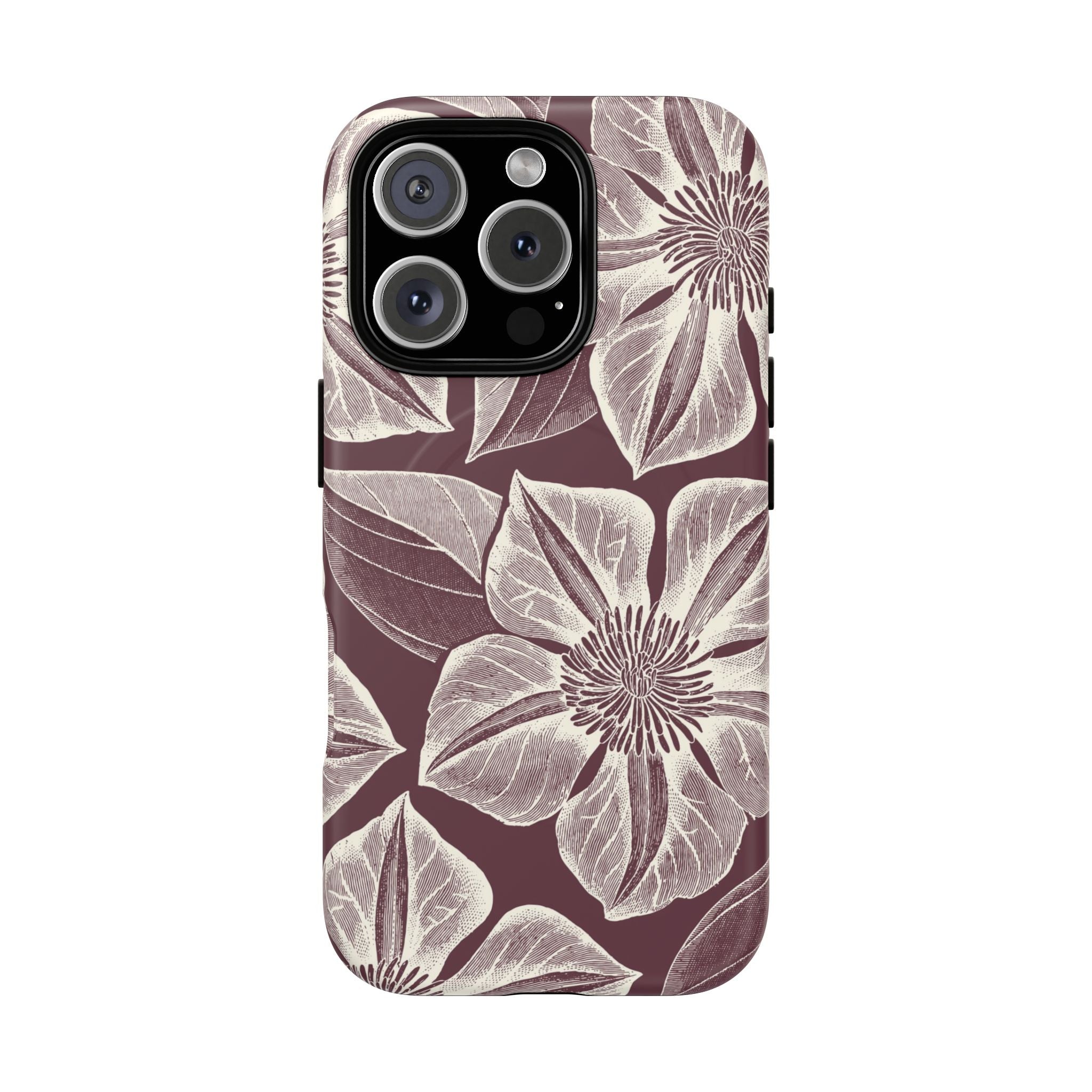 Vintage Bloom Burgundy MagSafe iPhone 16 Pro Case – Glossy | burgundy ground, large-scale cream clematis print, engraved petal detail, dual-layer protection