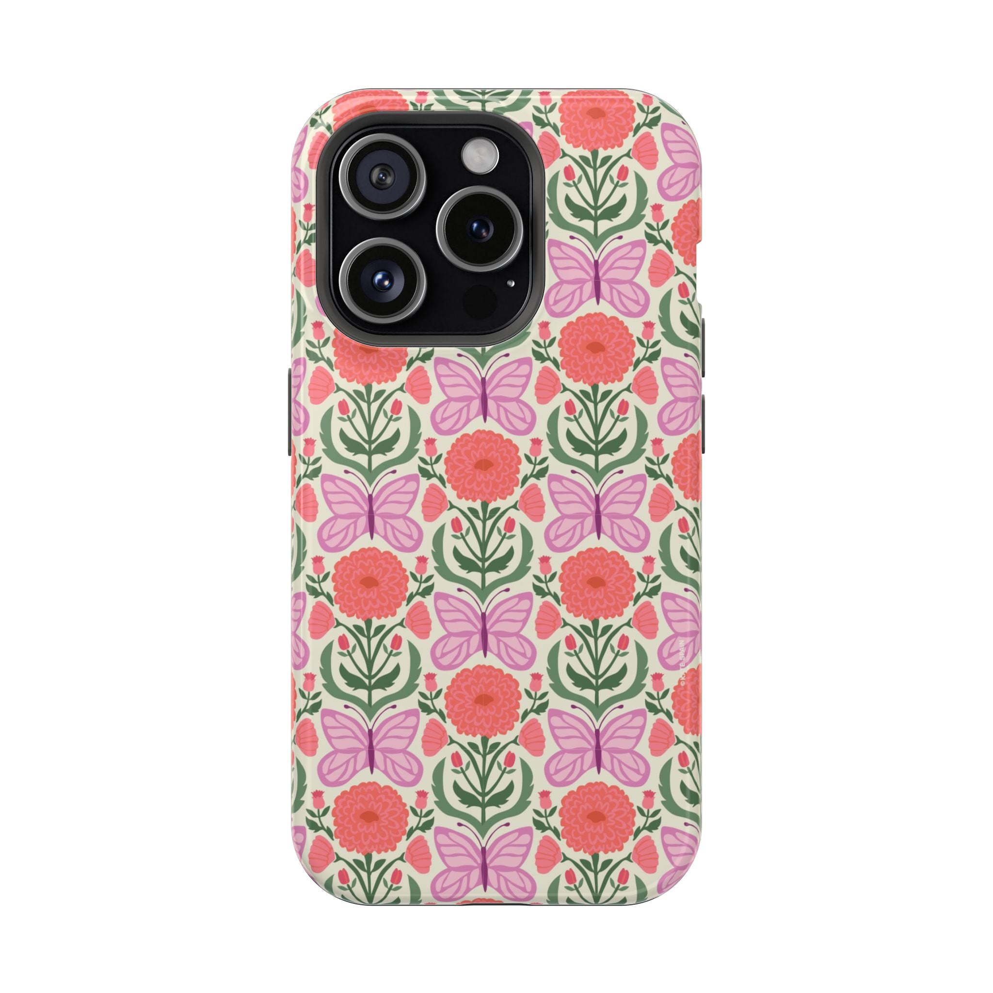 Pink Butterfly MagSafe iPhone 15 Pro Case – Glossy | cream, coral, lavender, green butterfly floral print