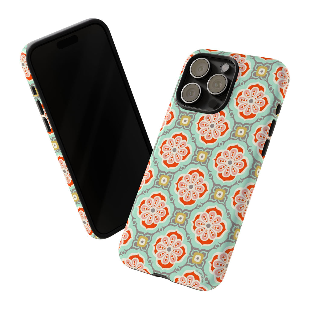 Alhambra Tough iPhone 16 Pro Max Case – Glossy | aqua, coral, blush geometric medallion floral print