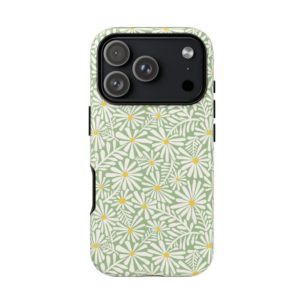 Montauk Daisy Meadow Green iPhone 17 Air Case – Matte | sage green, white graphic daisy and fern print, golden yellow centers | dual-layer protection