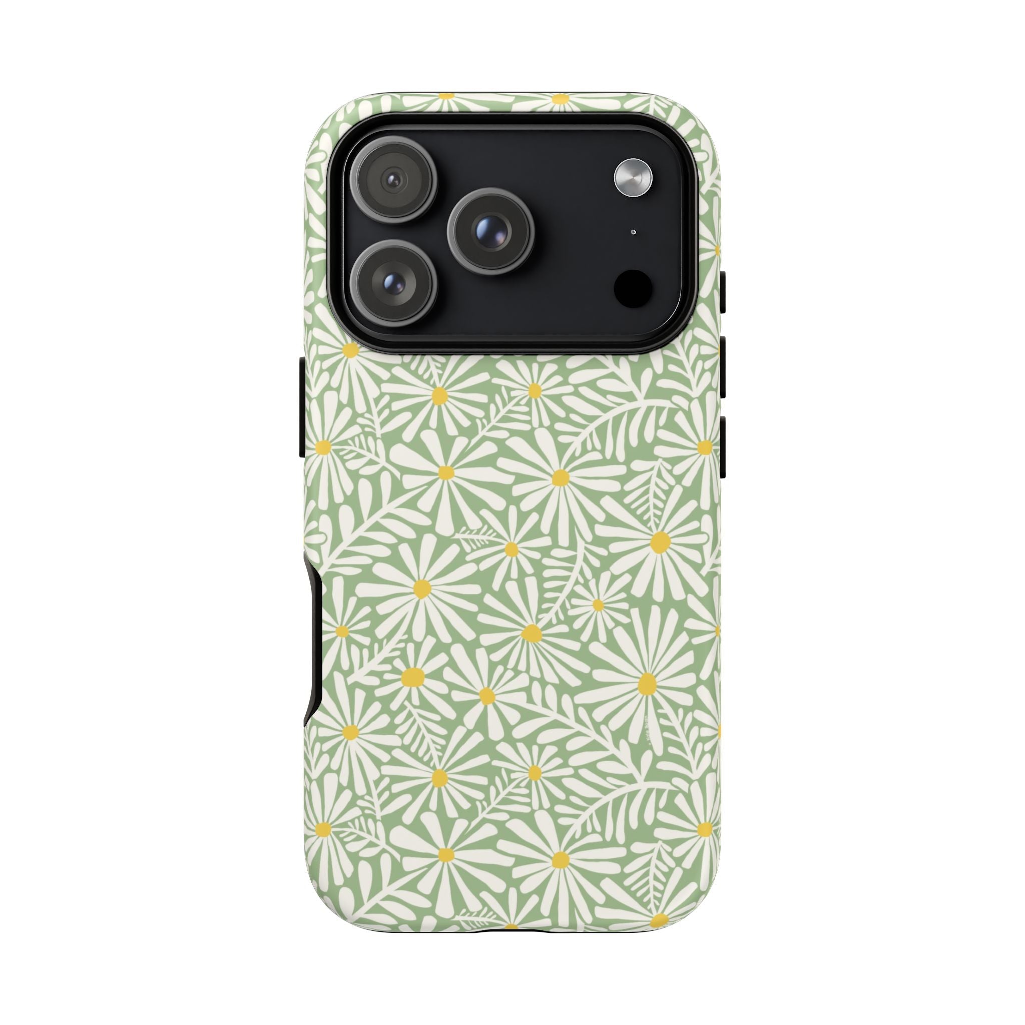 Montauk Daisy Meadow Green iPhone 17 Air Case – Matte | sage green, white graphic daisy and fern print, golden yellow centers | dual-layer protection