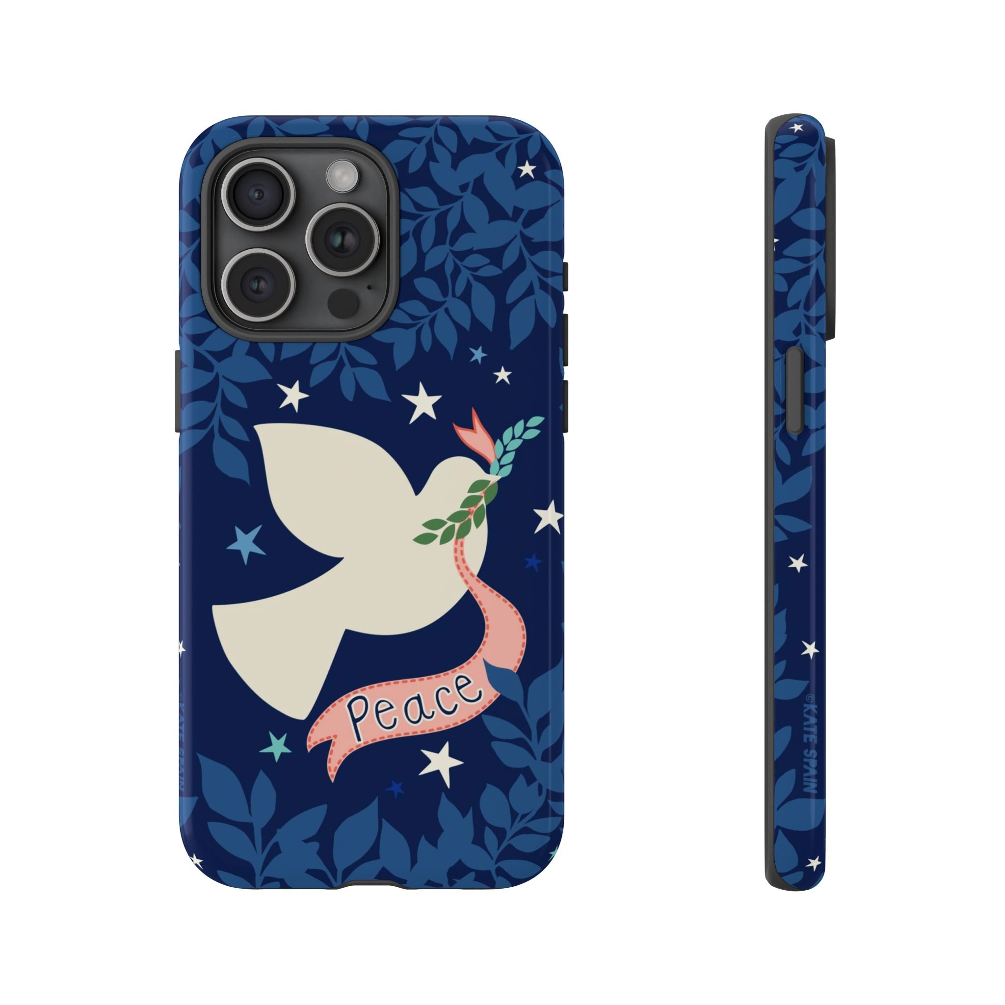 Peace Tough iPhone 15 Pro Max Case – Glossy | navy, cream peace dove, stars, botanical print
