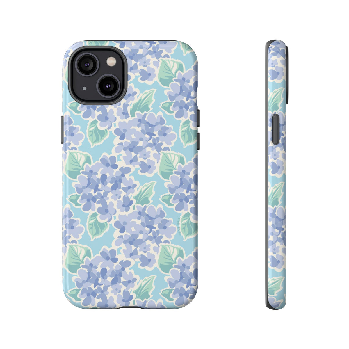 Nantucket Hydrangea Tough iPhone 14 Plus Case – Glossy | periwinkle, sky blue, mint hydrangea floral print