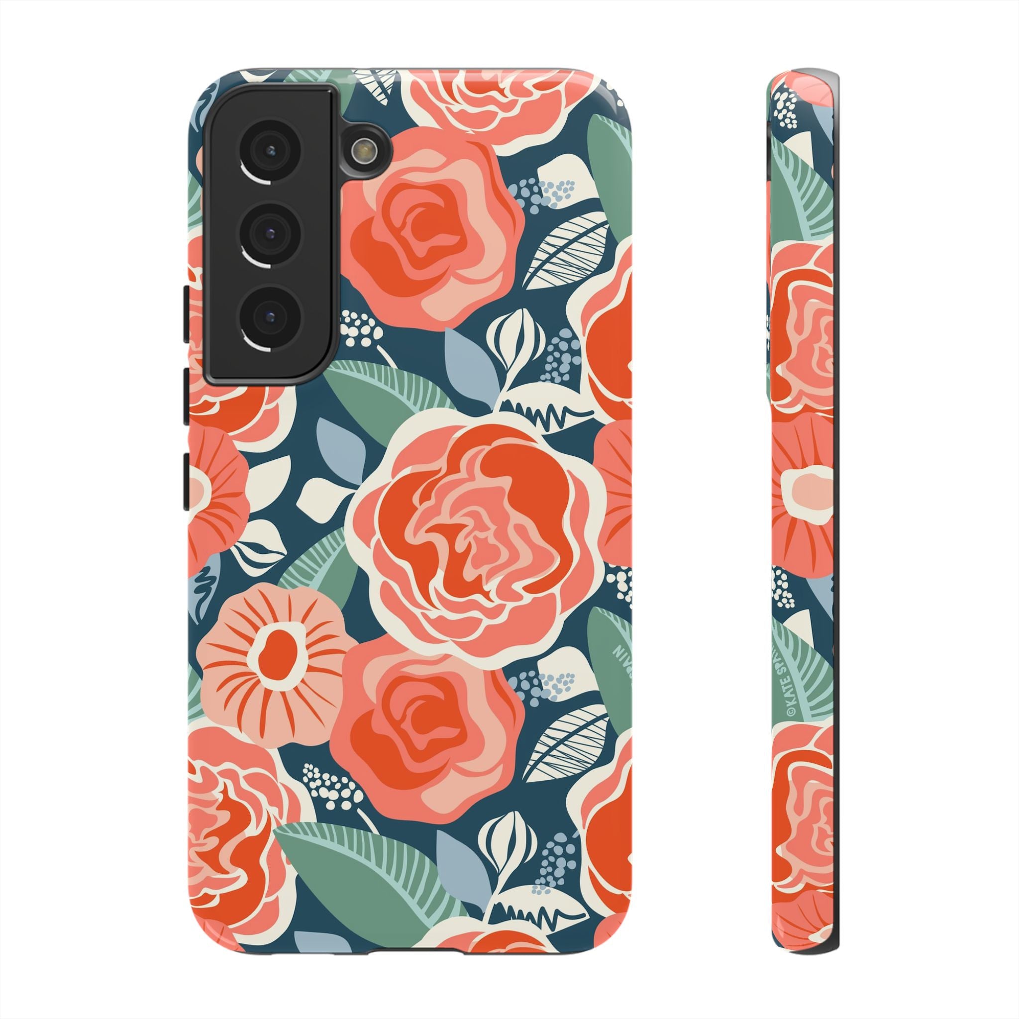 Luxury Tea Rose Navy Samsung Galaxy S22 Case – Glossy| navy, coral, peach botanical rose floral print